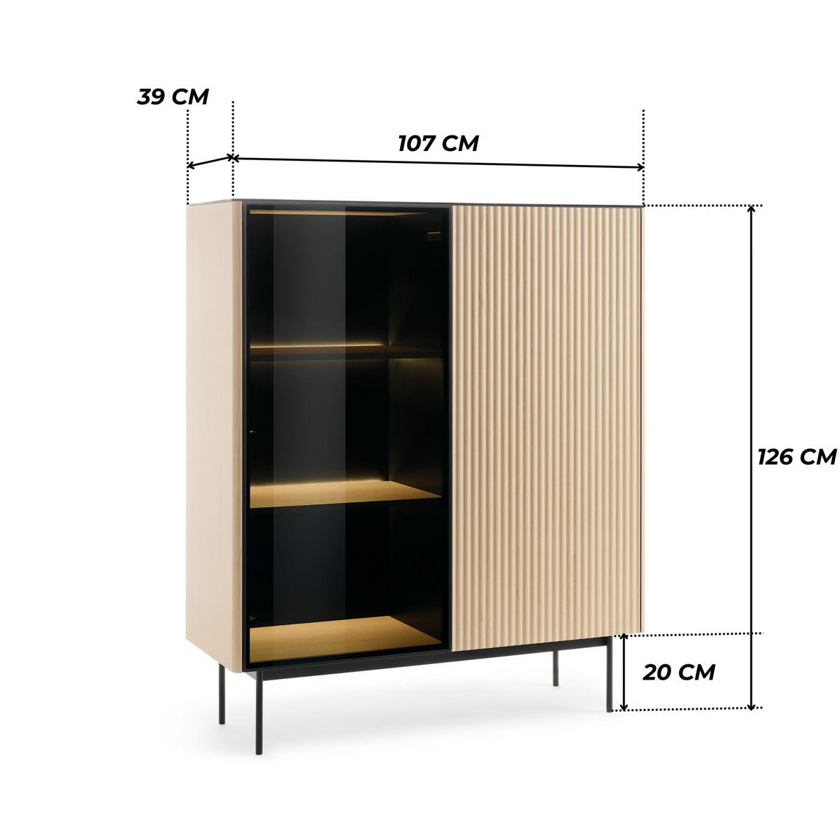 VITRINE DIJON WT107 107 cm (Vicenza Eiche, Glasplatte, Antisol-Glas, LED) - Eichefarben/Schwarz, Glas/Holz (107/127/39cm) - Ravio