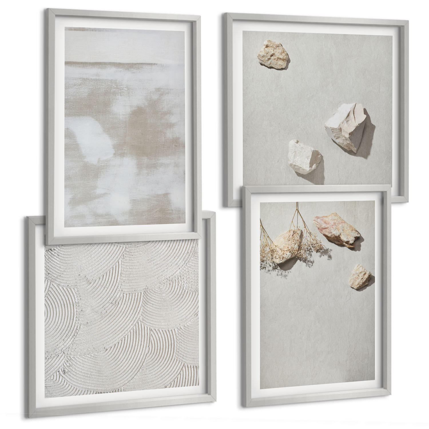 BILDER SET 4er Set - 50x50 cm & 40x60 cm Silberner Rahmen - Boho-Textur aus Sandsteinen - Silberfarben, Kunststoff (50/50cm) - TULUP