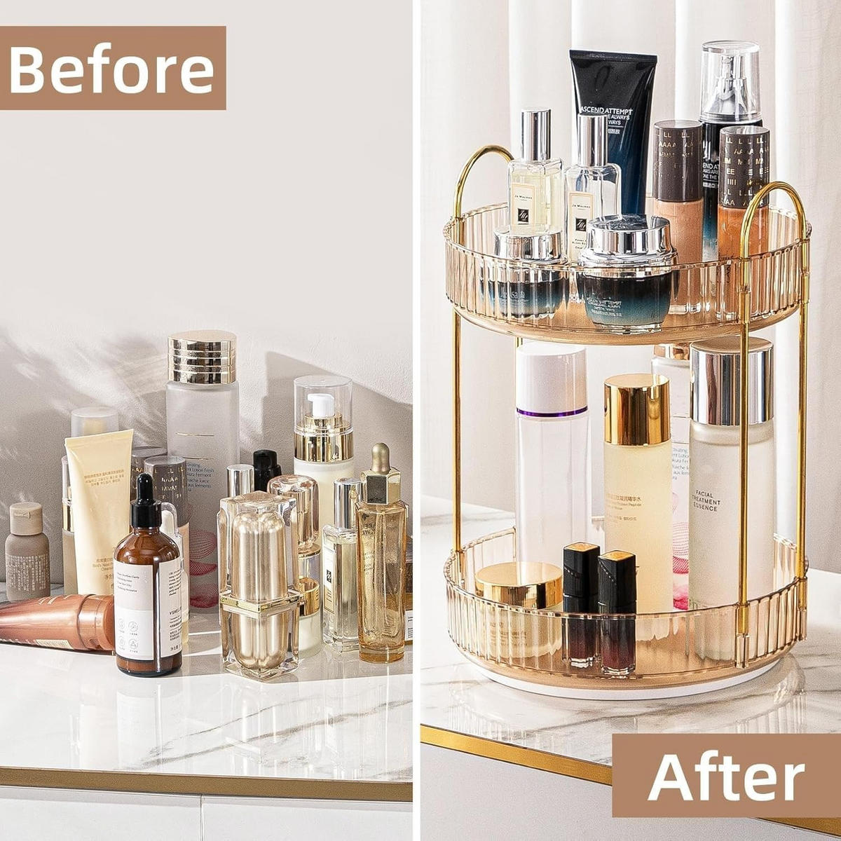 KOSMETIK-ORGANIZER, drehbar, 2-stöckig,Gold,23/23/32cm - Goldfarben, Kunststoff (23.5/10.5/23.5cm)