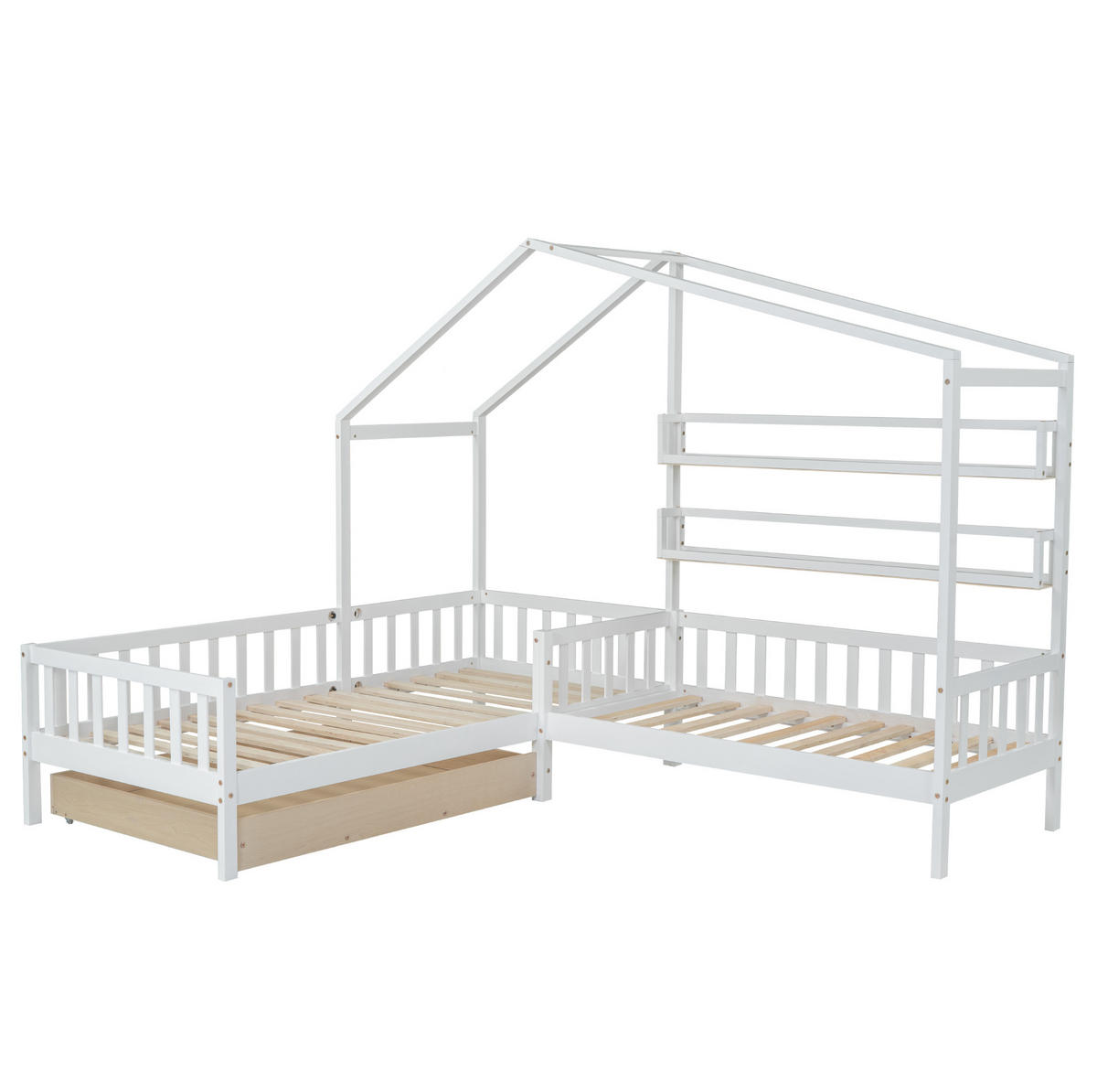 KINDERBETT 90/200 cm und 70/140 cm Hausbett L-Form mit Schubladen und Regalen, weiß, ohne Matratze - Weiß, Holz (90/200cm) - MIVRAY