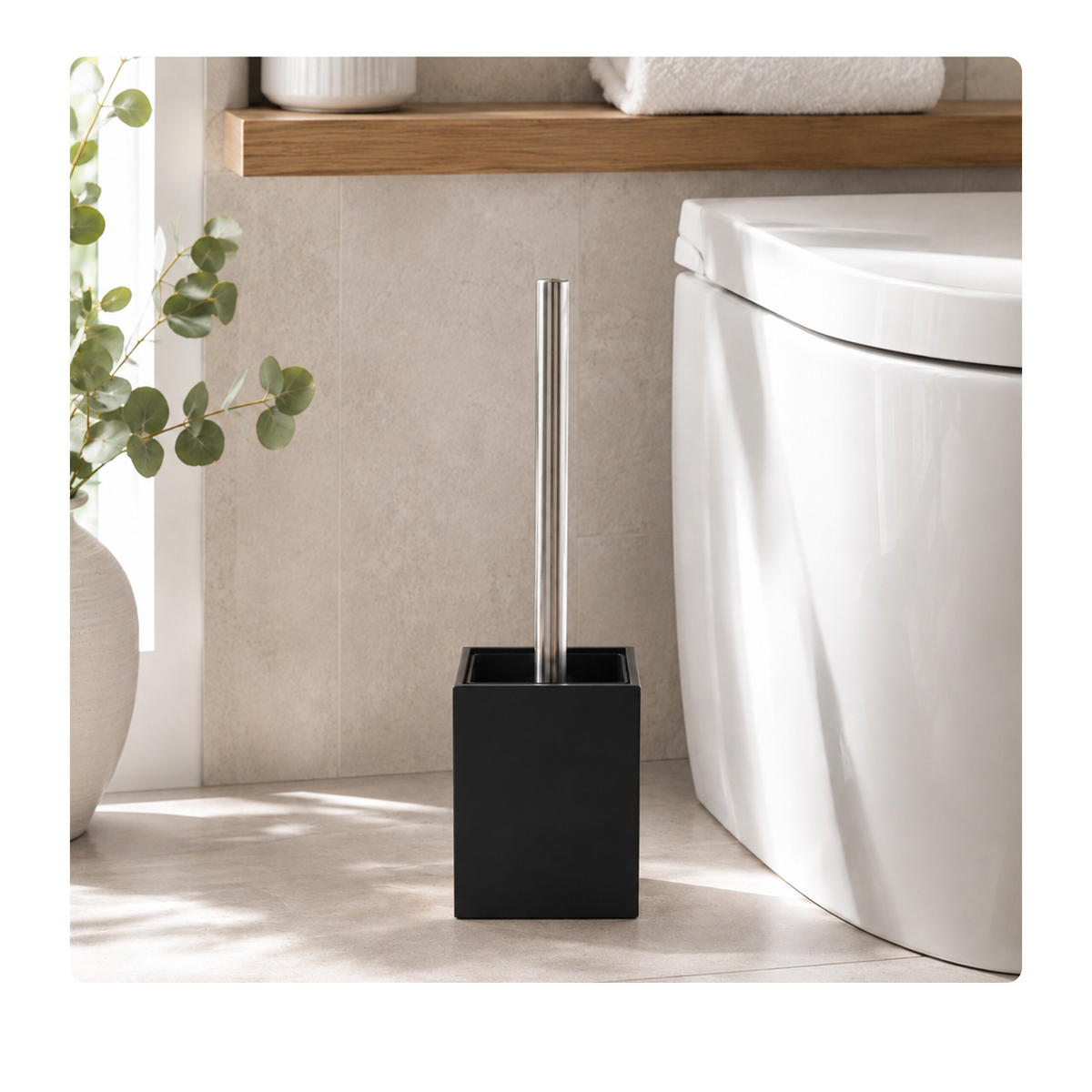 WC-ŠTĚTKA Černá s držákem bambus - černá, kov/dřevo (9.5/37/9.5cm) - Relaxdays