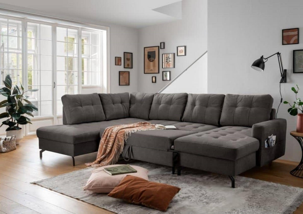 WOHNLANDSCHAFT mit Schlaffunktion und Bettkasten - Anthrazit/Schwarz, Textil/Metall (305/92/200cm) - myHomelando