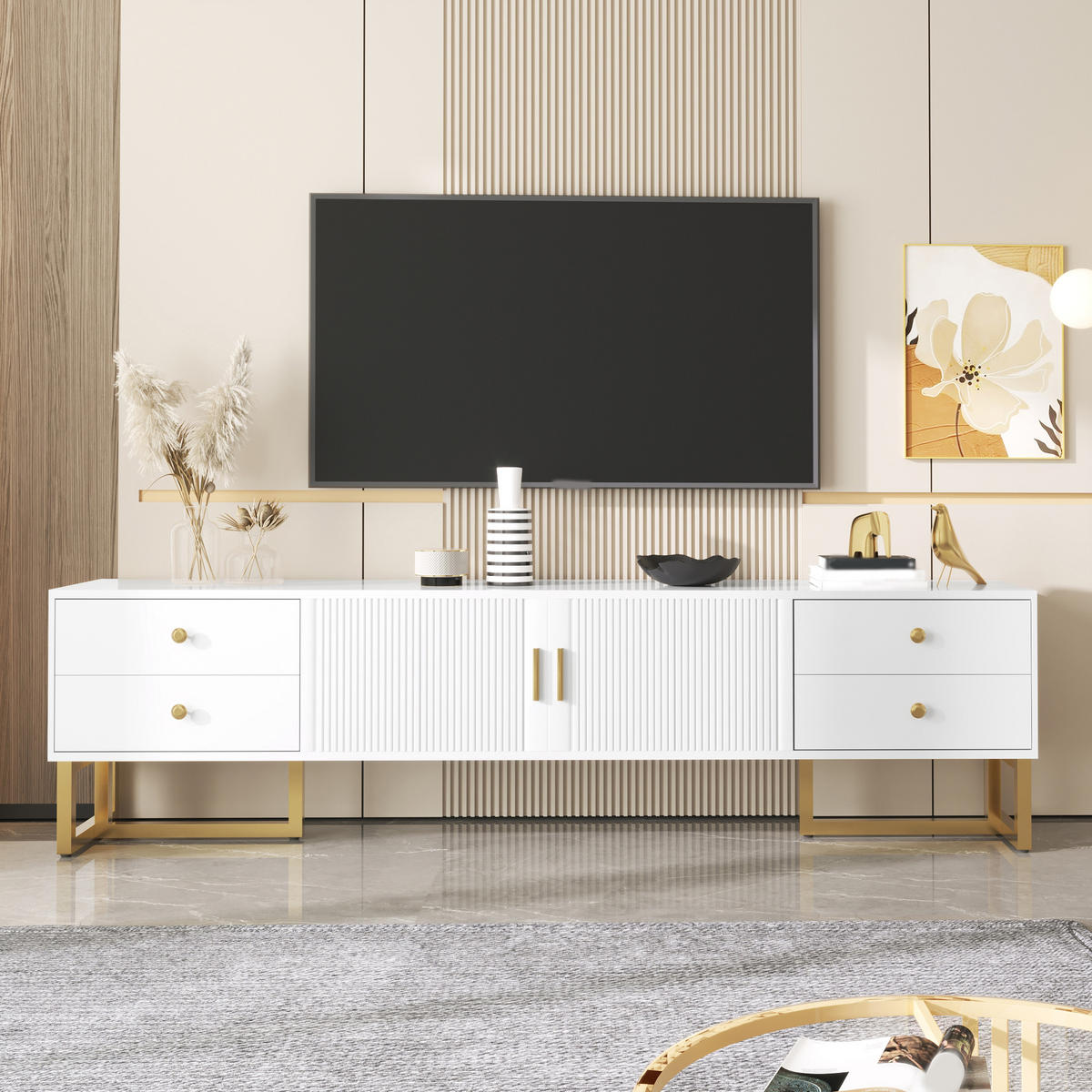 LOWBOARD in Weiß TV Schrank mit strukturierter Tür, Schubladen, goldenen Griffen und Füßen, B175/T30/H46cm - Goldfarben/Weiß, Holzwerkstoff/Metall (175/46/30cm) - STILVORA