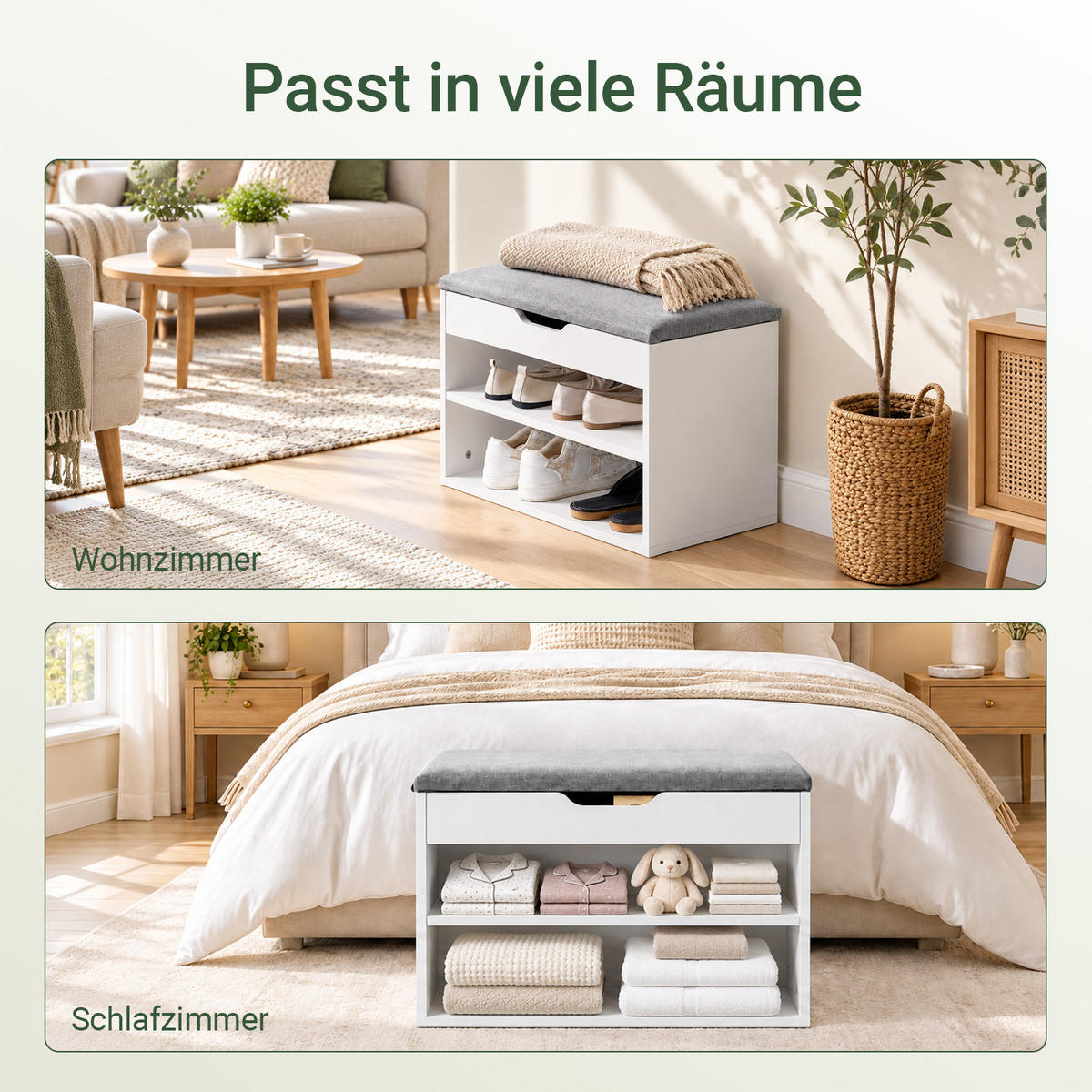 SITZBANK mit Stauraum, 60x30x44 cm, gepolstert, bis 120 kg, offene Fächer & Staufach oben, für Flur, Schlafzimmer & Wohnzimmer - Grau, Holzwerkstoff (60/44/30cm) - SoBuy