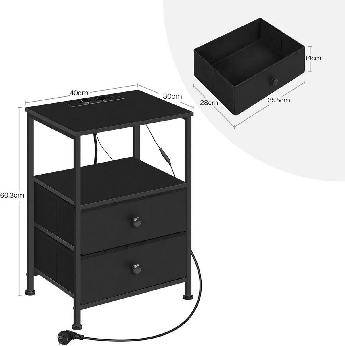 NACHTTISCH 2er Set, mit Ladefunktion, 2 Schubladen, Schwarz - Schwarz, Holzwerkstoff/Textil (40/60/30cm) - Woltu