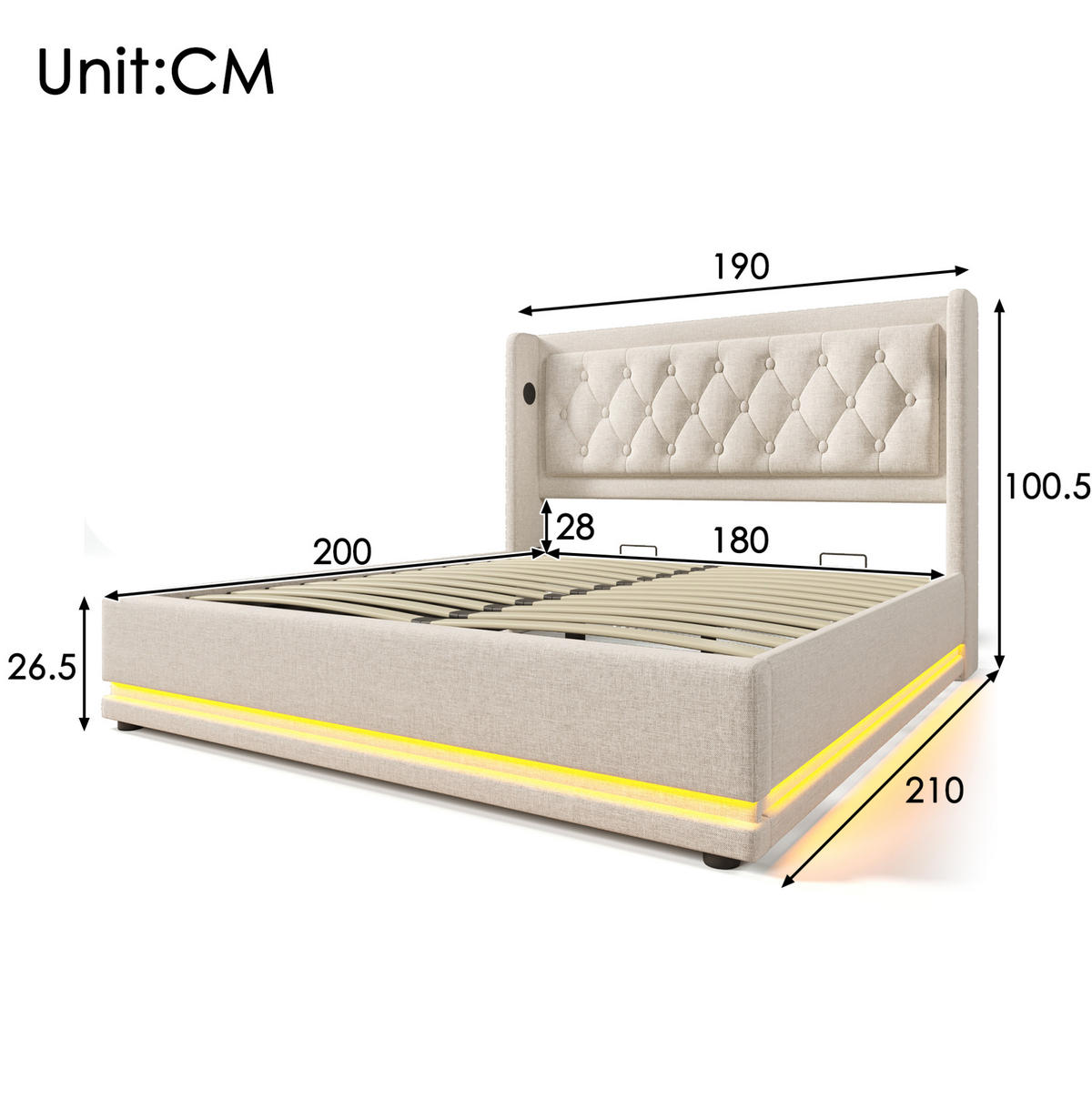 POLSTERBETT 180/200 cm Beige mit Stauraum, LED-Beleuchtung und USB - Beige, Textil (180/200cm) - Flora Grace