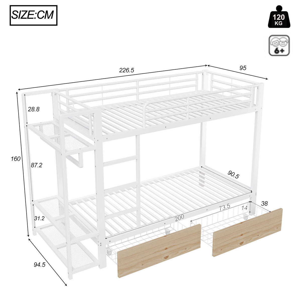 ETAGENBETT 90/200 cm Weiß mit LED-Beleuchtung und Stauraum - Weiß, Metall (90/200cm) - Flora Grace