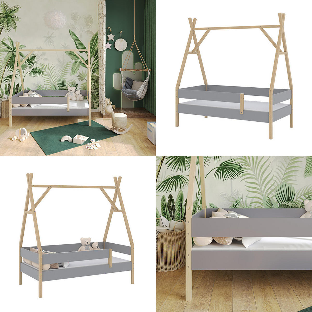 TIPI-BETT Bali Grau 80x160 cm mit Matratze - Grau, Holz - VitaliSpa
