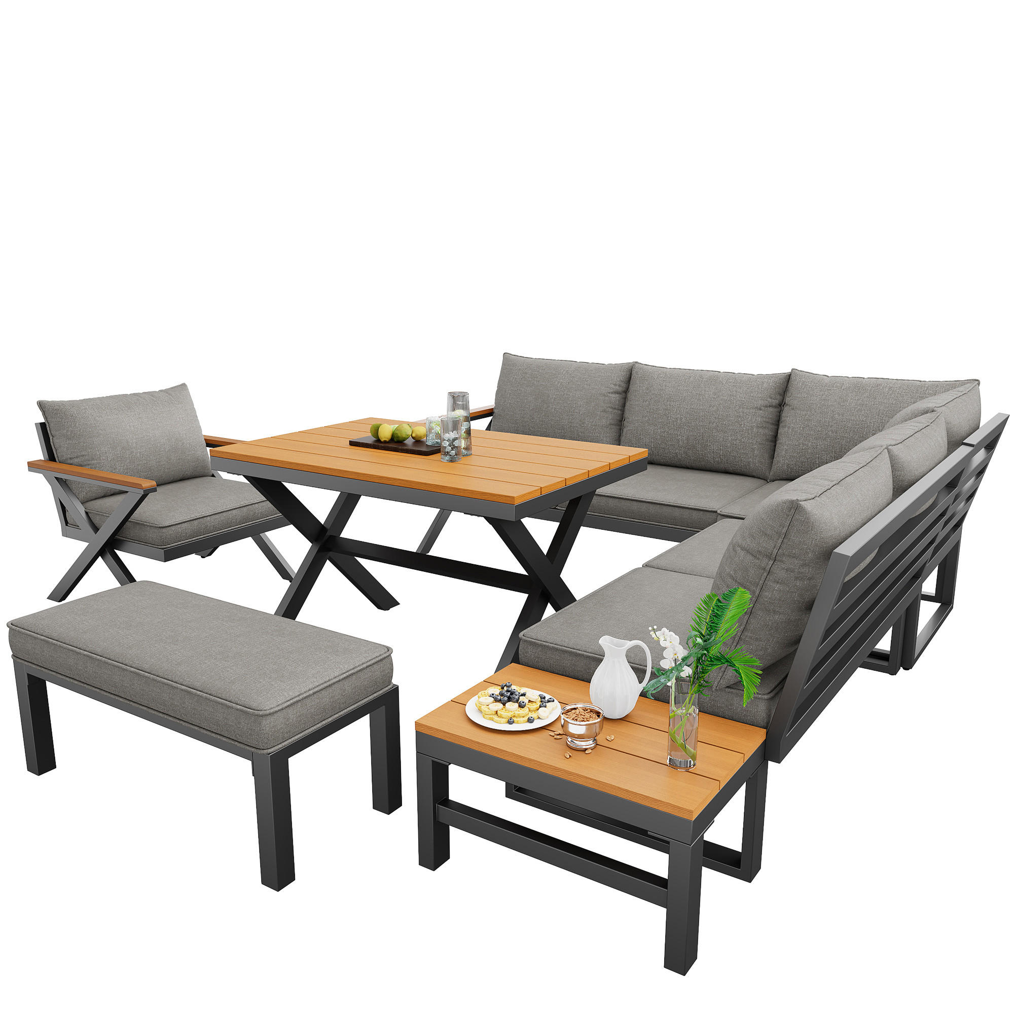 GARTENSETS aus Eisen Grau mit modularer Sitzgruppe im X-Design - Grau, Metall - Modfu