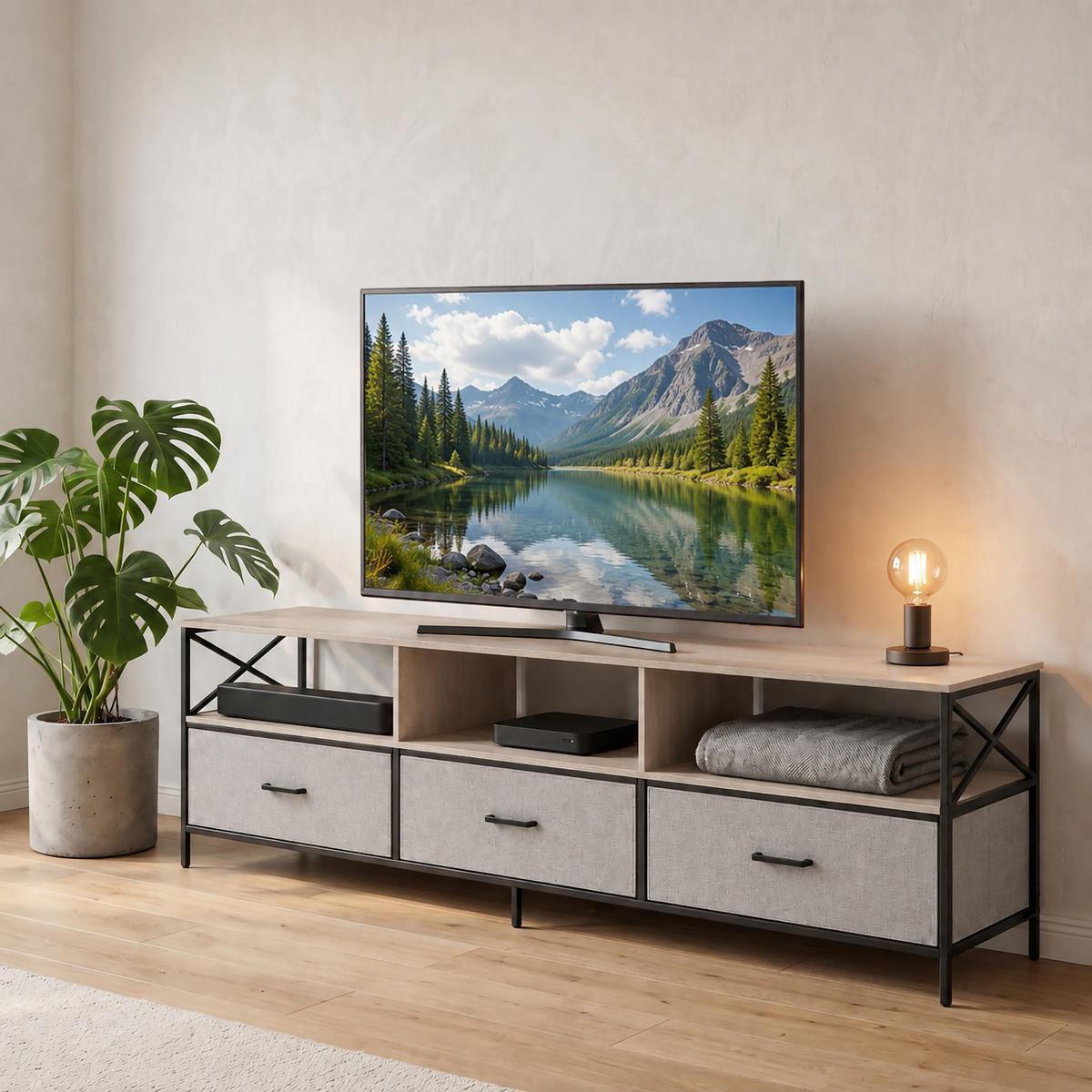 TV-LOWBOARD Greige-Schwarz Stoffschubladen 170 cm - Multicolor, Holzwerkstoff/Textil (170/50/40cm) - Relaxdays