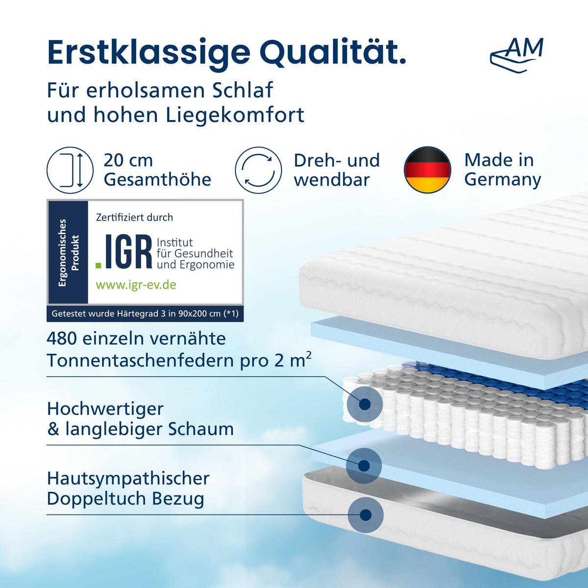 TASCHENFEDERKERNMATRATZE 130/190 cm H3 - 20cm Höhe & Toledo Bezug - Weiß, Textil (130/190cm) - AM Qualitätsmatratzen