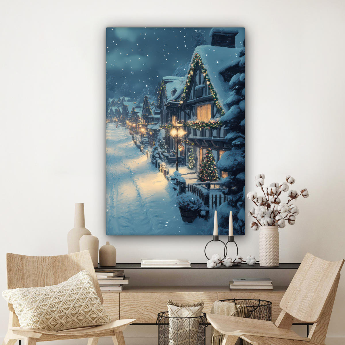 LEINWANDBILD Weihnachtsdorf - Weihnachten - Schnee - Winter Deko XXL 80x120 cm - Dunkelblau, Textil (80/120cm) - MuchoWow