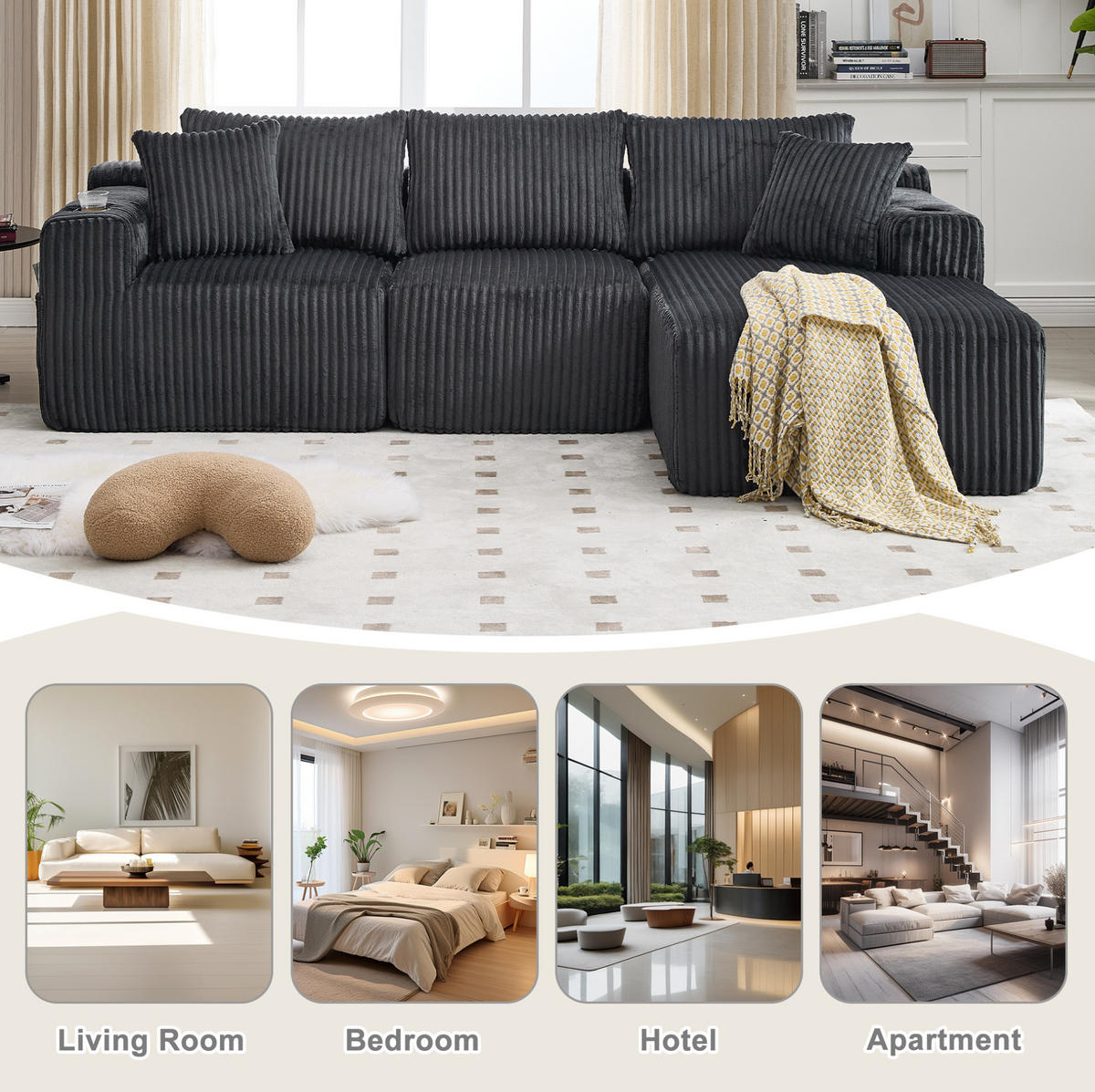 ECKSOFA 257/90-160/62 cm Grau aus Cord mit Chaiselongue - Grau, Textil (160/257cm) - OKMYHOME