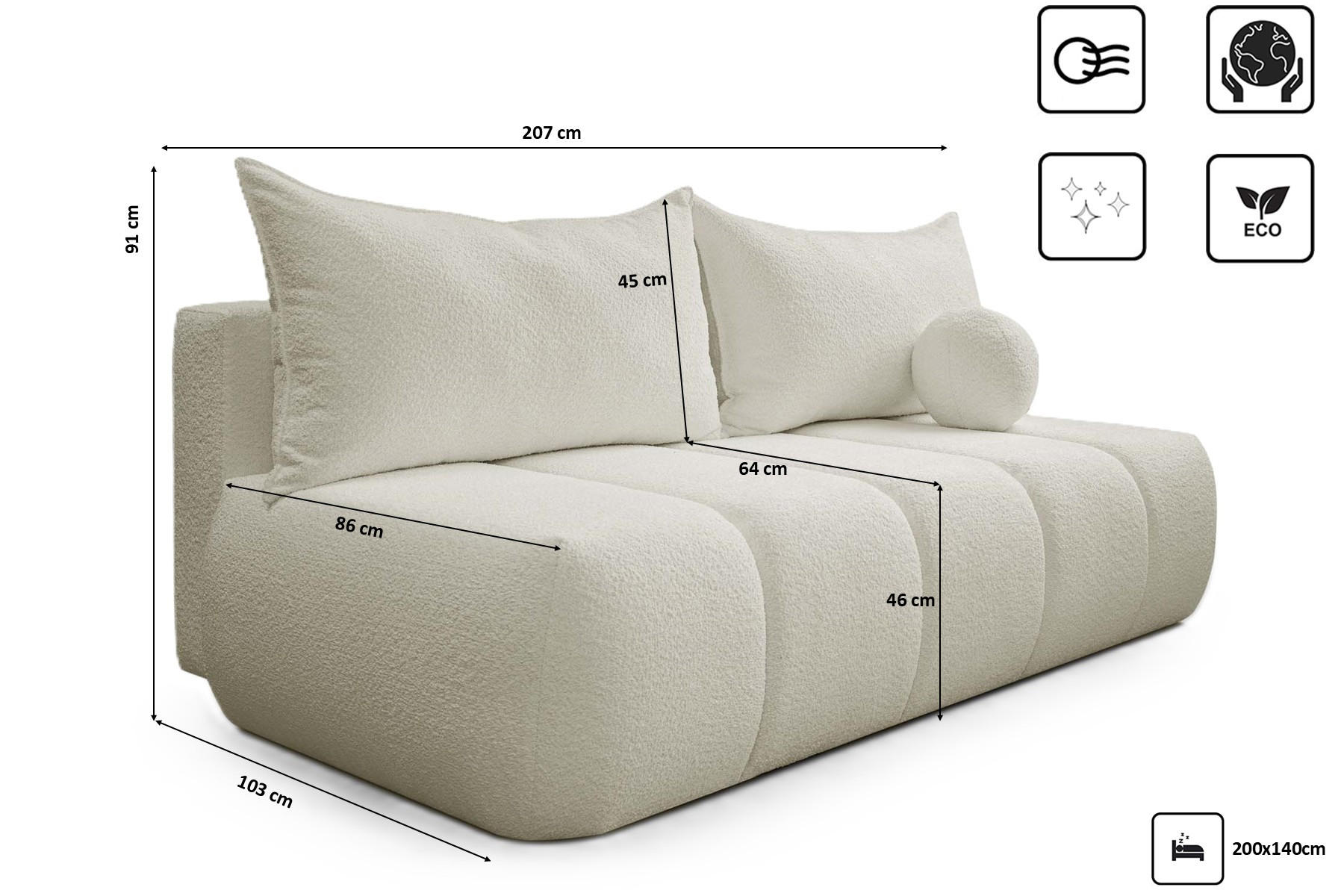 Thumbnail - Kaiser Möbel Schlafsofa, Ecru, Holz, Rechteckig, 207x91x103 cm, Wohnzimmer, Sofas & Couches, Schlafsofas