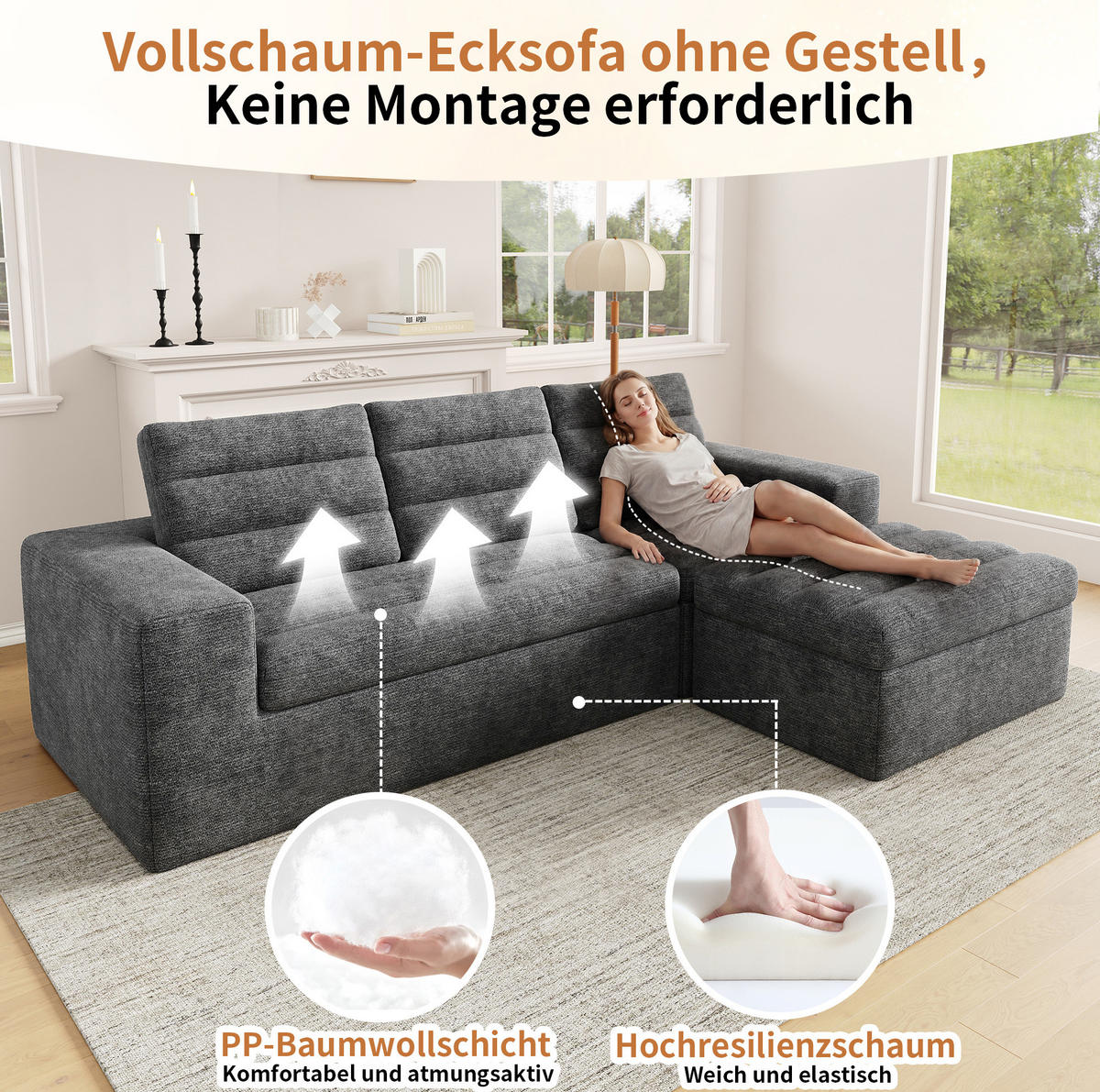ECKSOFA 253/161/89 cm hellgrau aus Chenille rahmenlos - Hellgrau, Textil (161/253cm) - OKWISH