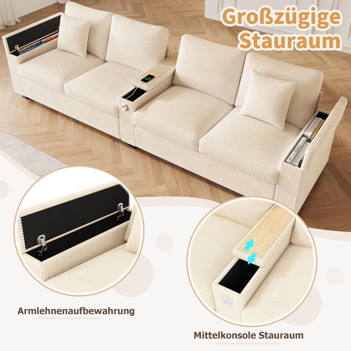 4-SITZER SOFA Cord Beige mit USB, USB-C und Stauraum - Beige, Holzwerkstoff/Kunststoff (299/82.7/80cm) - WISHDOR