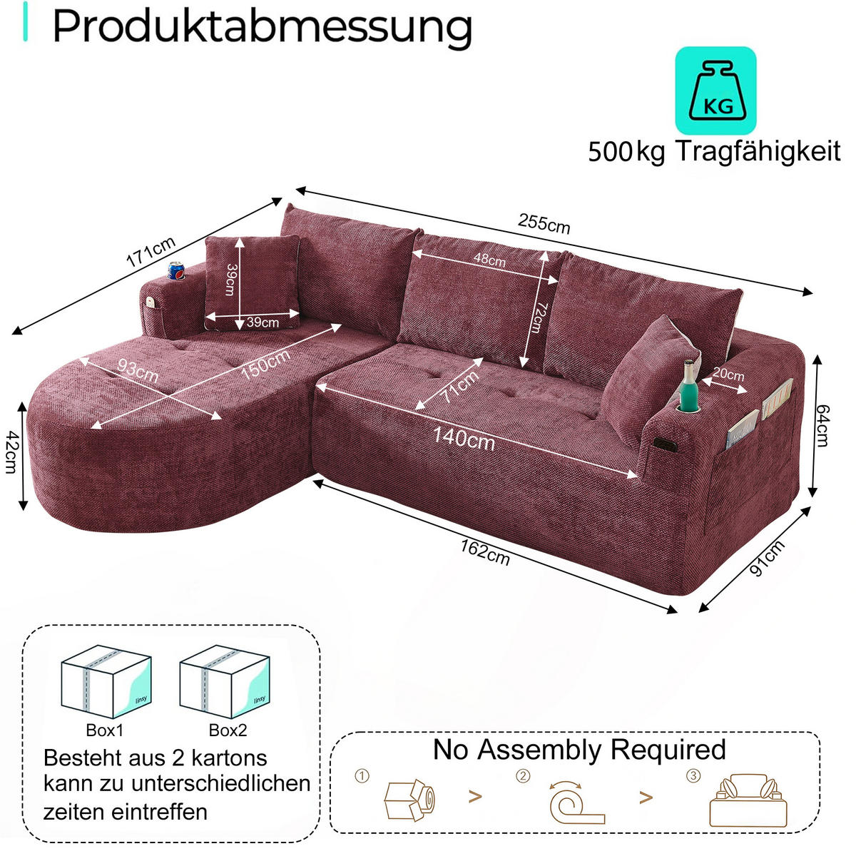 ECKSOFA DE-35043 L-Form mit Becherhalter Weinrot - Weinrot, Textil (170/255cm) - ComfortXL