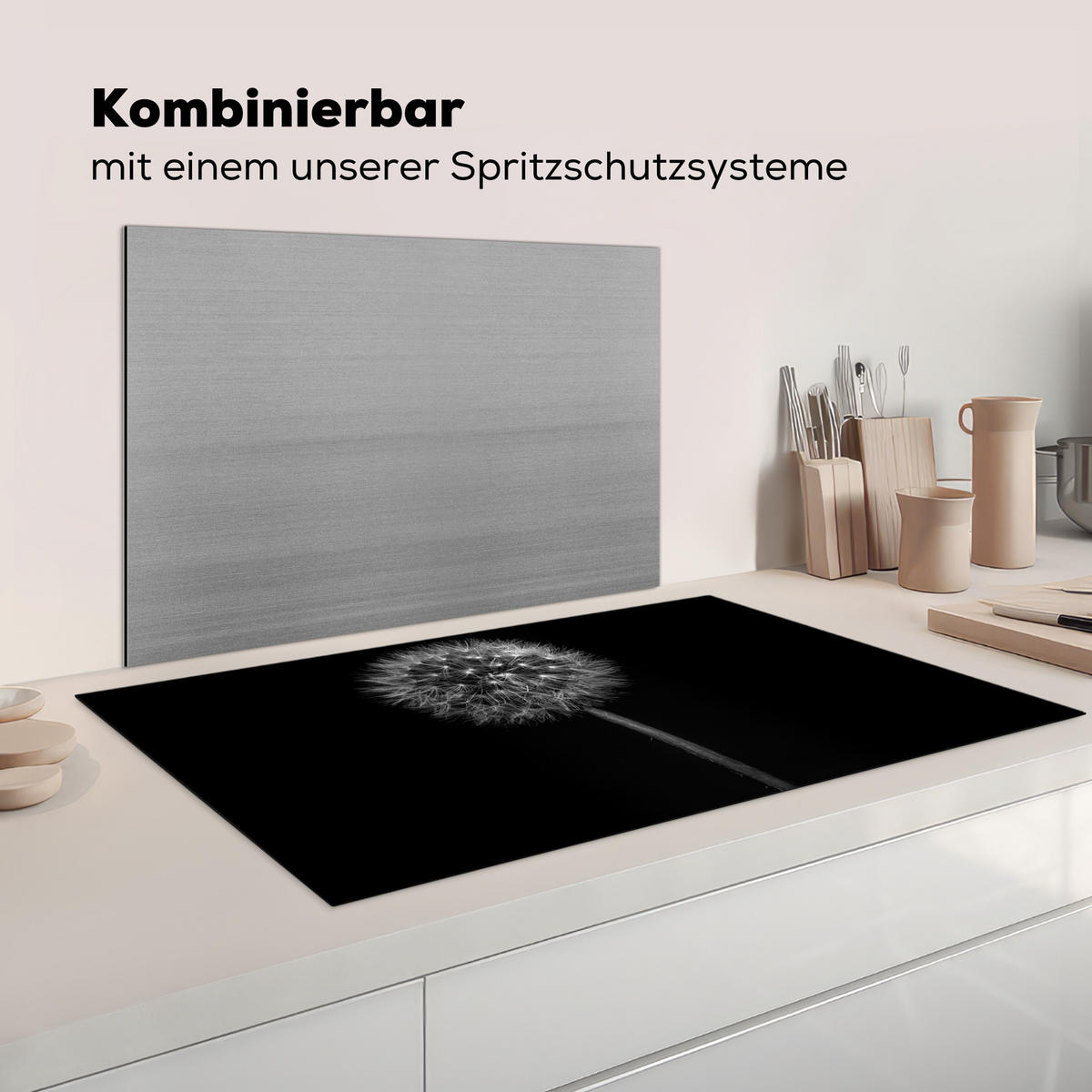 KRYT NA INDUKČNÍ DESKU Pampeliška - černá - květinová - botanická 91.6x52.7 cm - šedá, plast (91.6/52.7/0.2cm) - MuchoWow