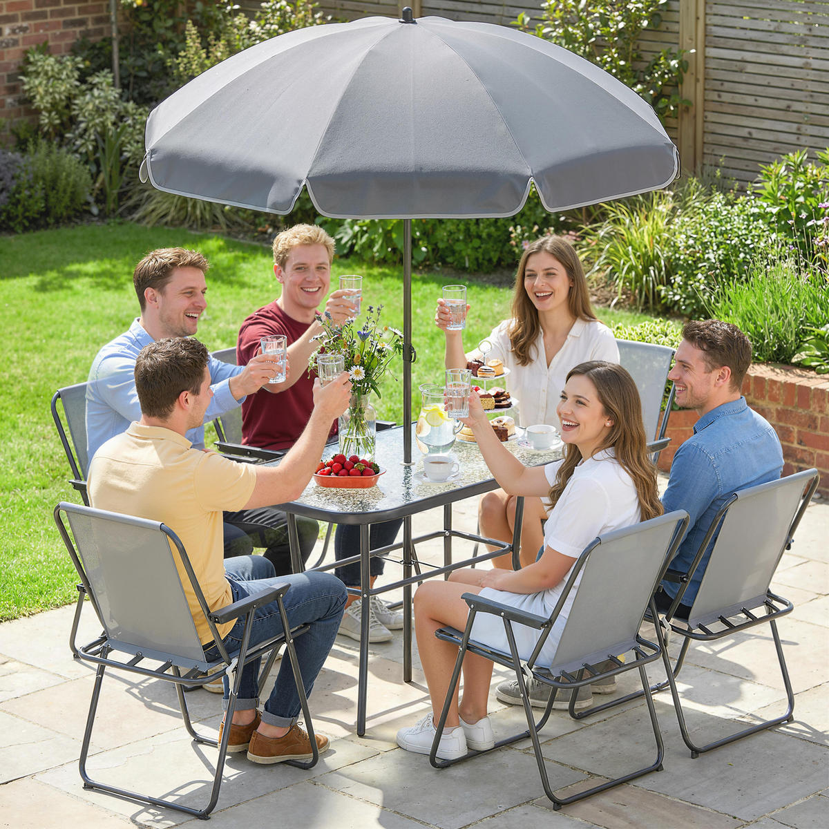 GARTENMÖBEL SET 8-teilig DE-09900 mit Glastisch und Klappstühlen Grau - Grau, Metall - ComfortXL