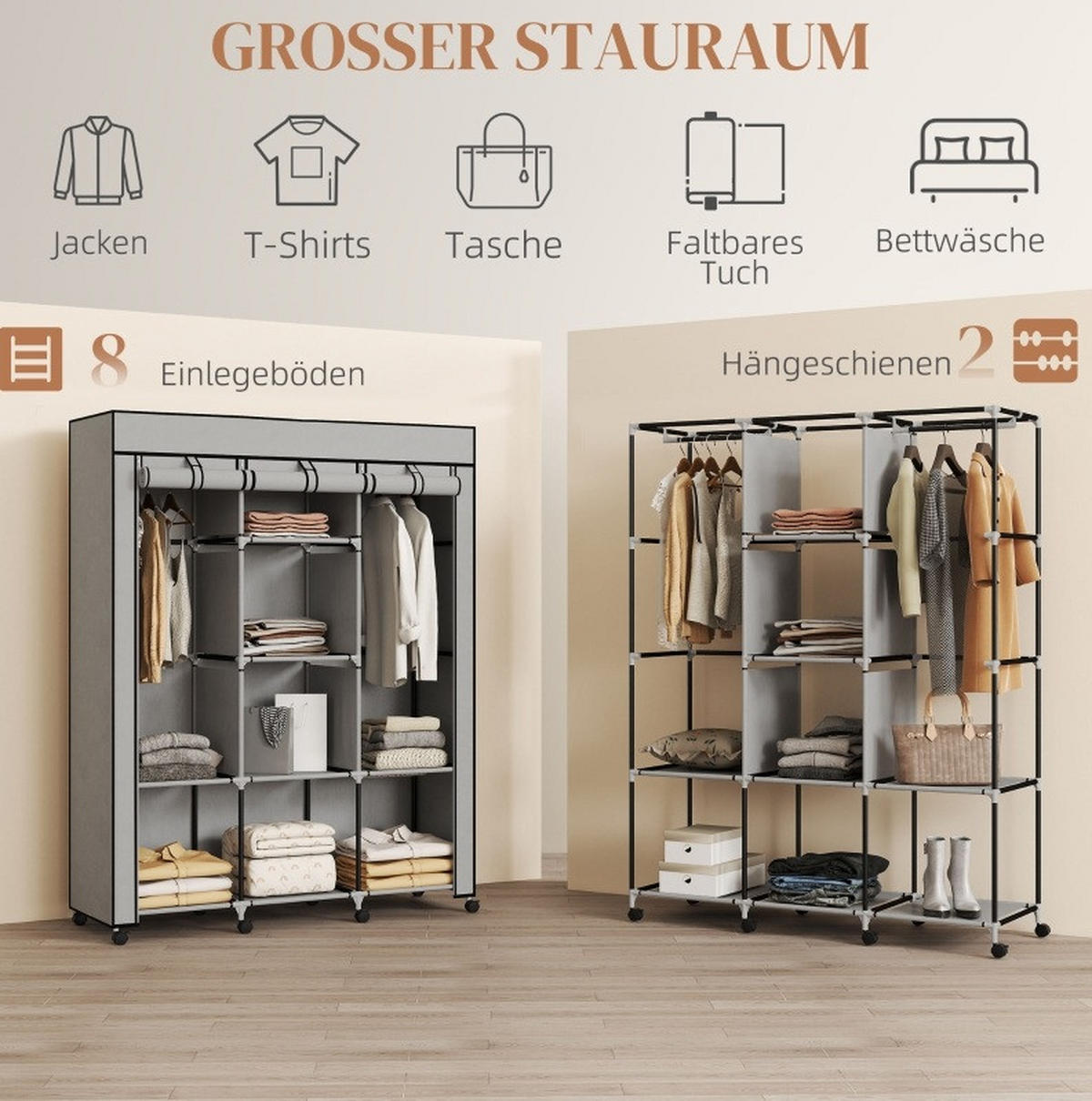 KLEIDERSCHRANK 125/162,5/43 cm Hellgrau aus Stoff mit 8 Einlegeböden - Hellgrau, Textil (43/162.5/125cm) - OKMYHOME