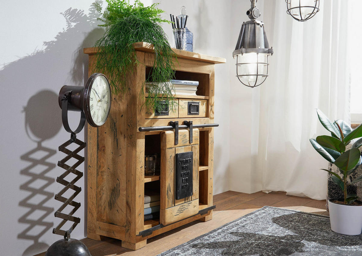 KOMMODE Mango 75x36x90 natur lackiert RAILWAY #152 - Braun, Holz (75/90/36cm) - Massivmoebel24