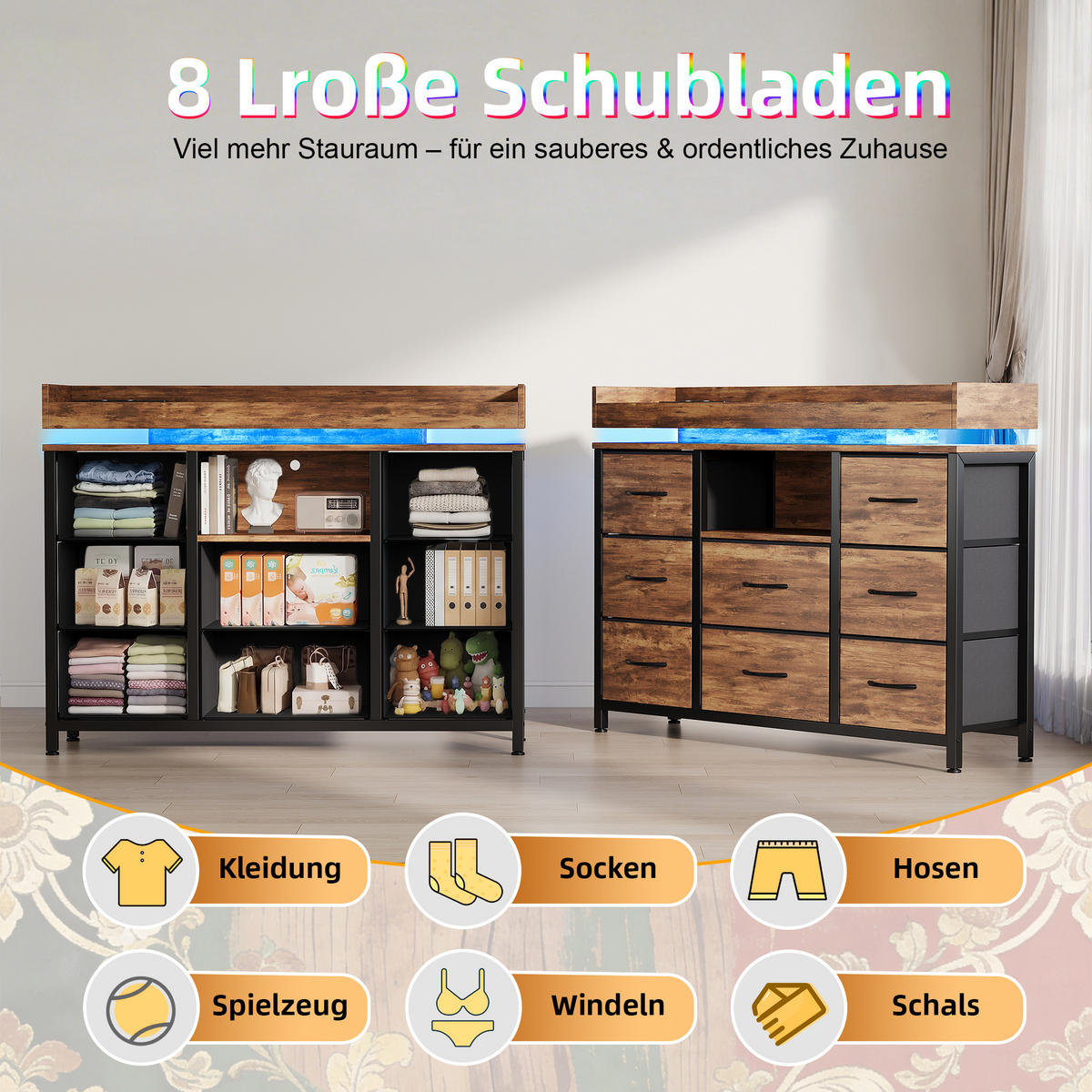 KOMMODE 8 Schubladen Holzoptik, RGB-LED, USB, Kippschutz - Multicolor, Holz (30/82/108cm) - SHOPENTRA