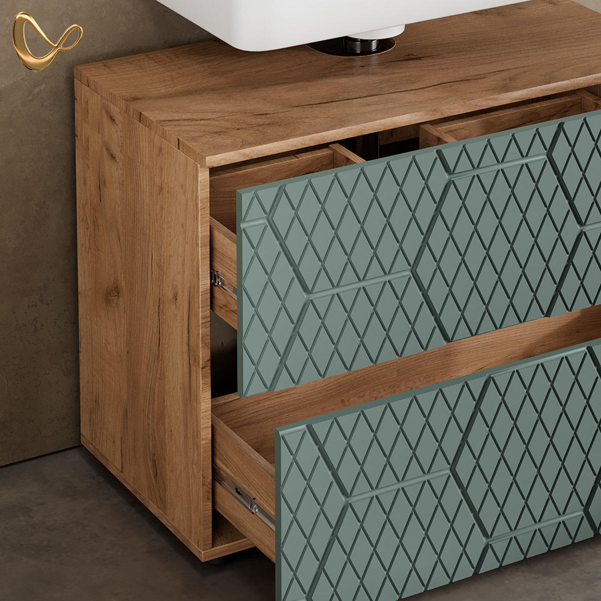 BADMÖBEL-SET Ronco Grün/Goldkraft Eiche 2 Teile, Unterschrank 80 cm - Eiche Wotan/Grün, Holzwerkstoff (80/58/41cm) - Livinity®