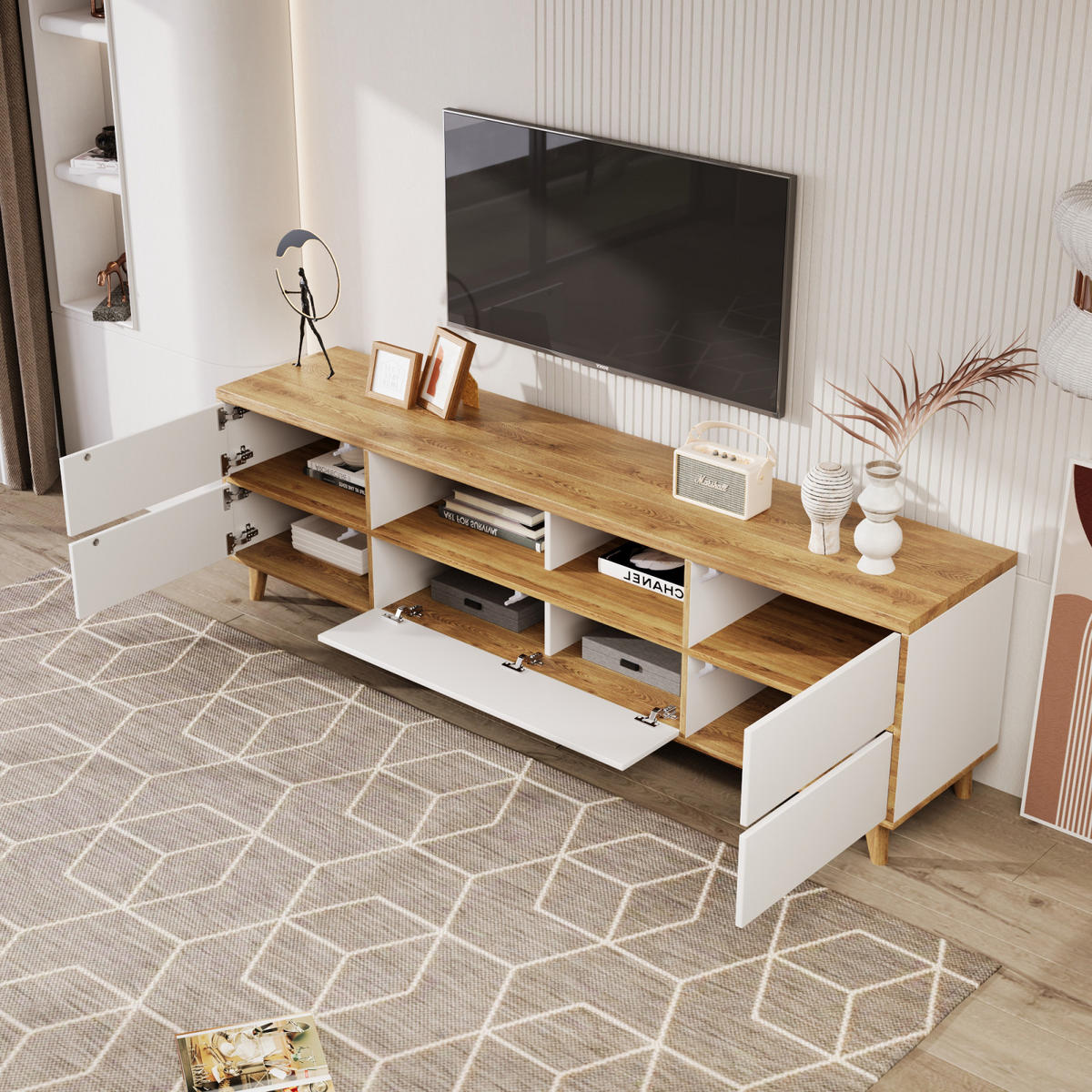 TV Lowboard 175x37x51 cm, 5 Türen, 2 offene Fächer - Weiß, Holz (175/51/37cm)