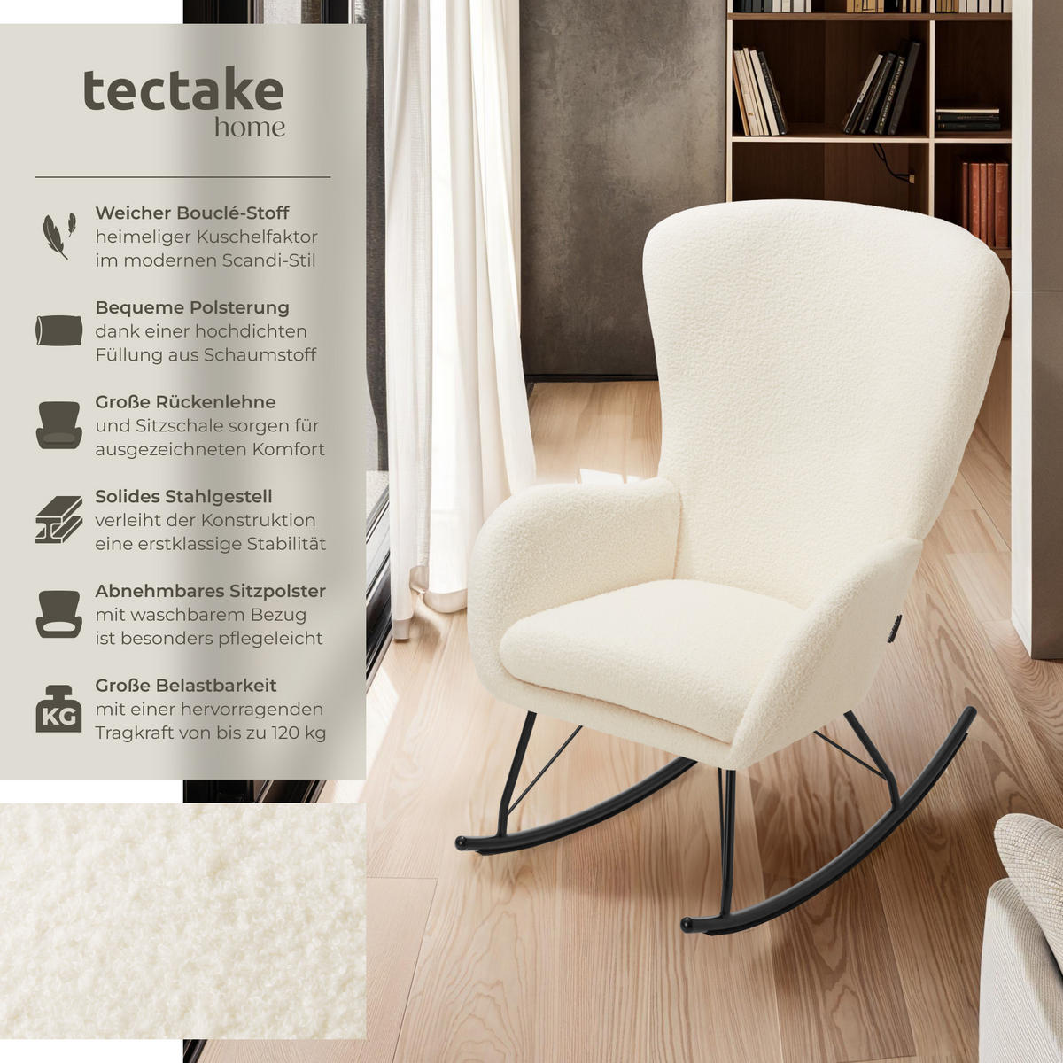 SCHAUKELSTUHL Swing,70 x 93 x 100 cm, Belastbarkeit 120 kg,creme/schwarz - Creme/Schwarz, Kunststoff (70/100/93cm) - tectake