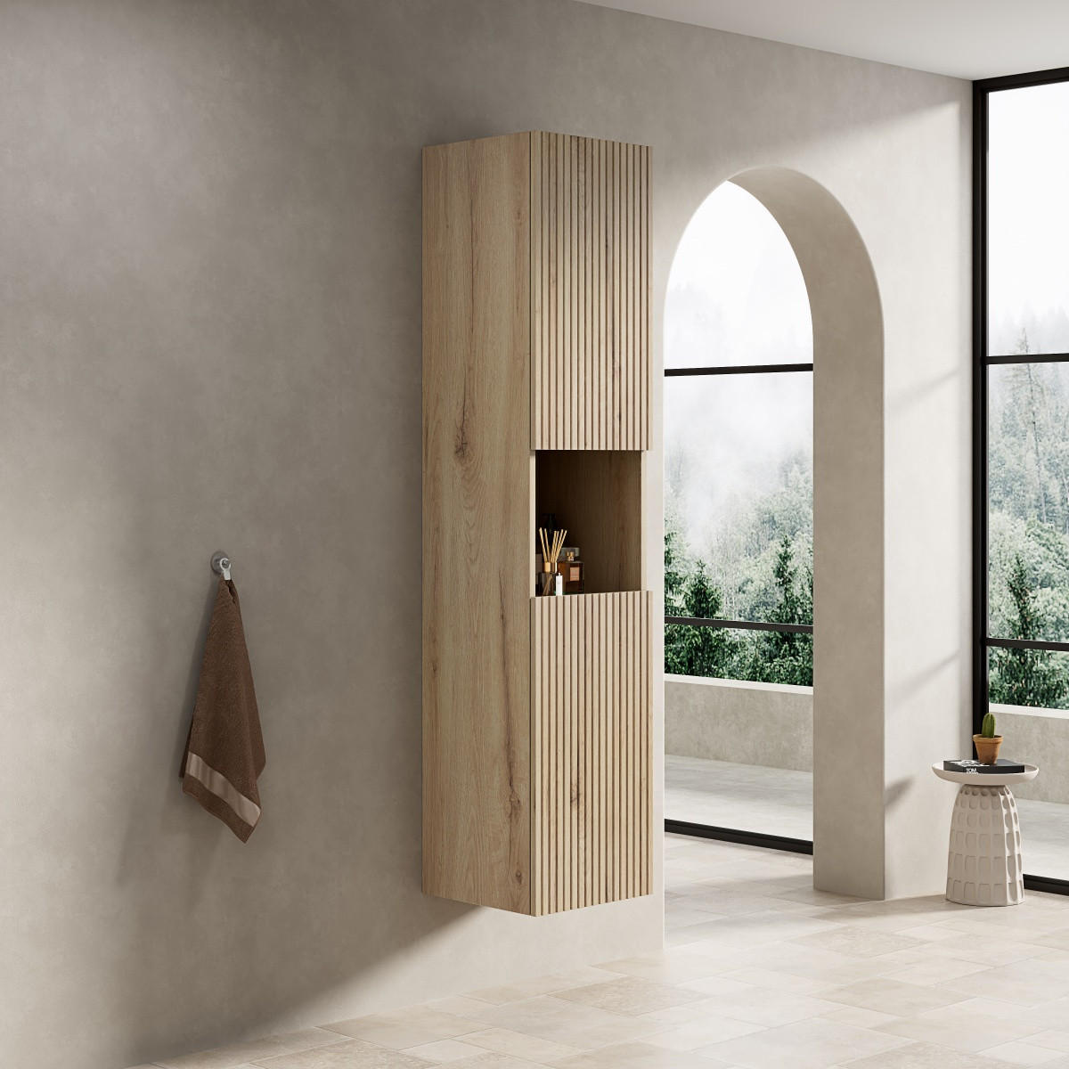 BAD-HOCHSCHRANK 160 cm,Schmal 2 Türen Offenes Fach Aufbewahrungsschrank Weiße Eiche - Weiß, Holz (140/30/24cm) - PARAFTA HOME