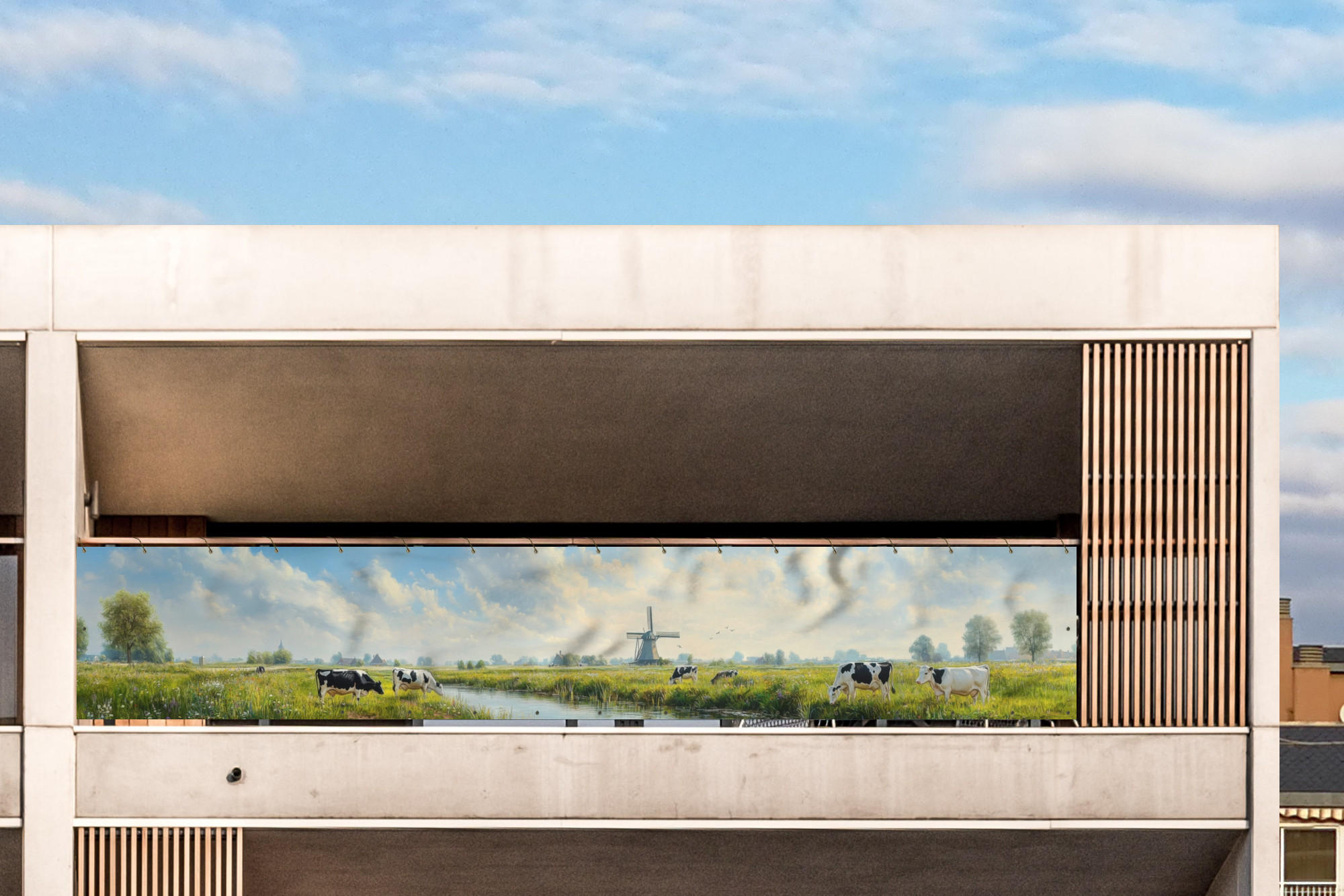 BALKON-SICHTSCHUTZ Kühe - Windmühle - Wiese - Blau - Grün, Kunststoff (500/80cm) - MuchoWow