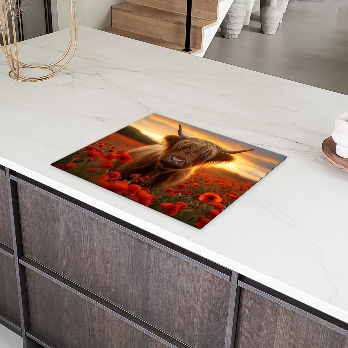HERDABDECKPLATTE Schottische Highlander - Rosen - Blumenfeld - Sonnenuntergang Herdabdeckung Induktionsfeld 65x52 cm - Rotbraun, Kunststoff (65/52/0.2cm) - MuchoWow