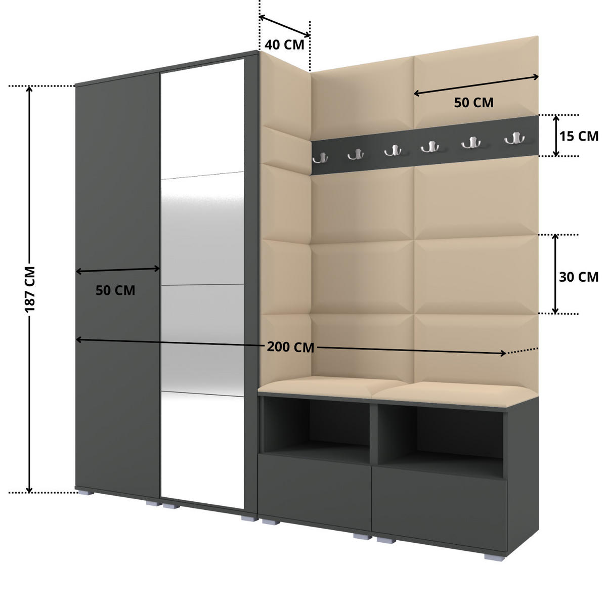 GARDEROBE NELA VI 200 cm (Modulare Flurmöbel Graphit mit Spiegel & Sitzpolster Beige 04 Universell) - Beige/Silberfarben, Holz/Holzwerkstoff (200/187/40cm) - Ravio