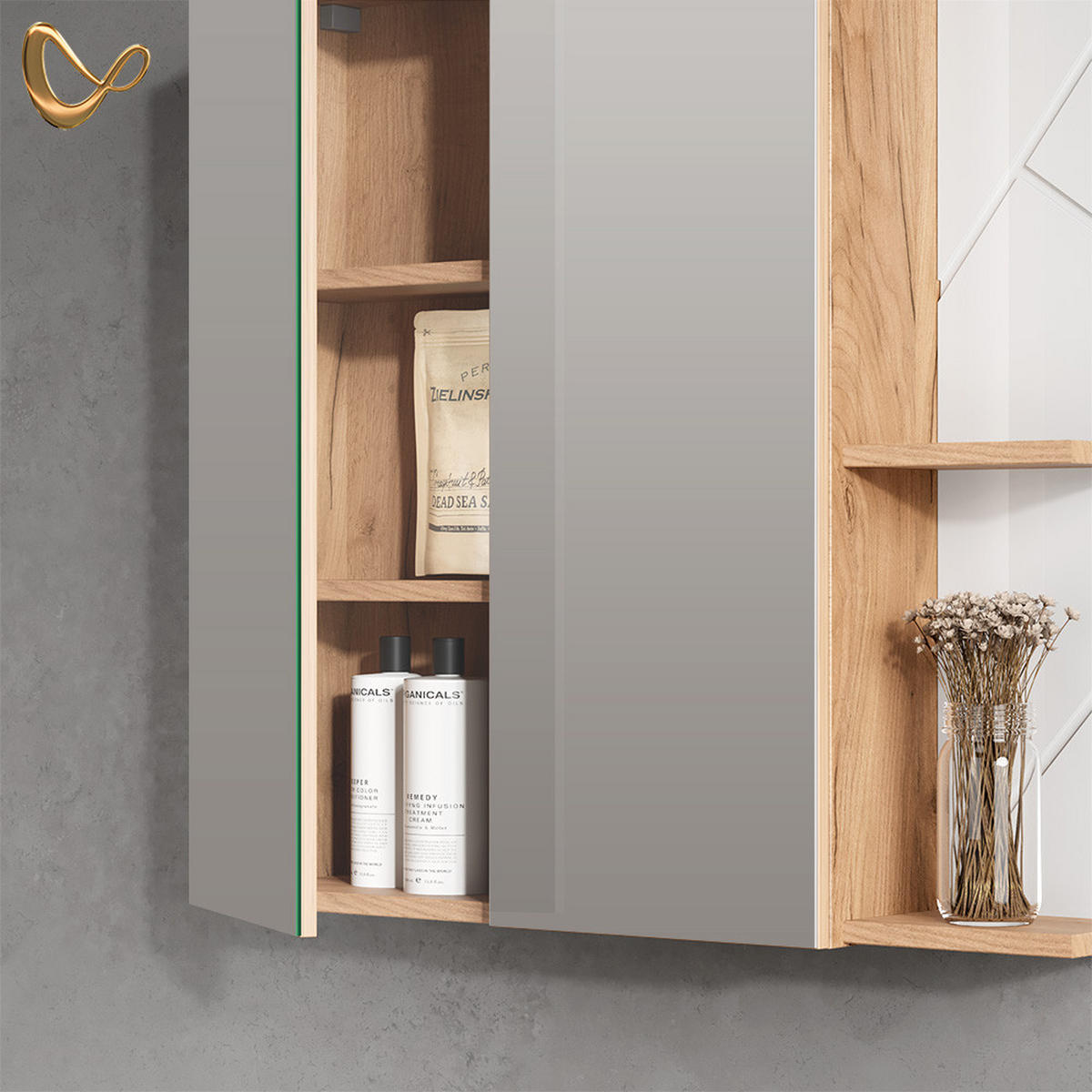 SPIEGELSCHRANK Ronco Weiß Hochglanz 80 x 75 cm - Weiß Hochglanz/Eiche Wotan, Holzwerkstoff (80/75/17.2cm) - Livinity®