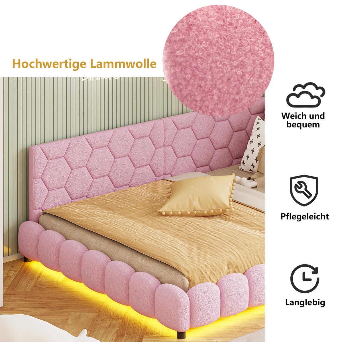 SCHLAFSOFA 140/200 cm rosa mit LED und USB - Rosa, Holz