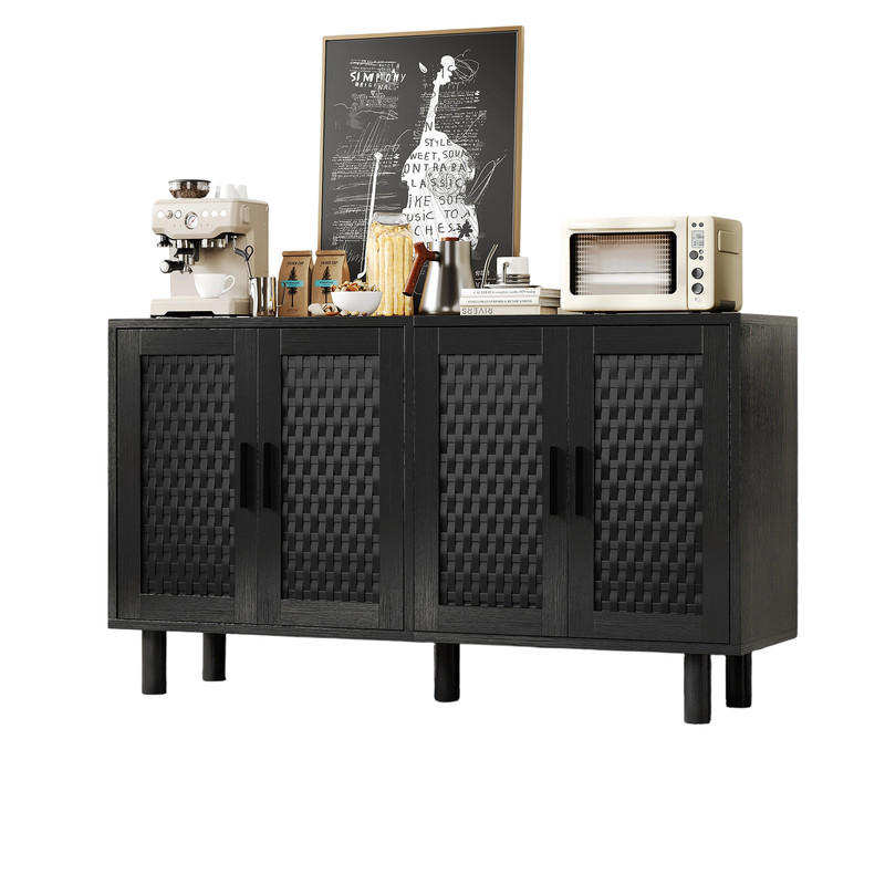 SIDEBOARD Schwarz mit 4 Türen & Rattan-Geflecht-Front - Schwarz, Holzwerkstoff (40/80/140cm) - SHOPENTRA