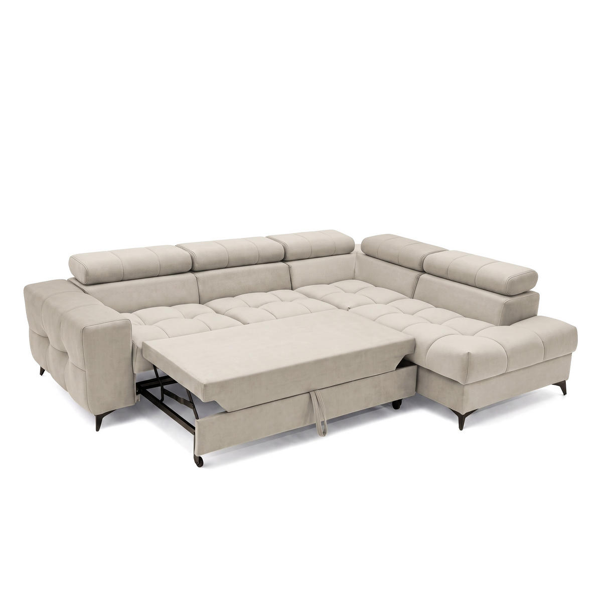 ECKSOFA PUDDING L Rechts mit Schlaffunktion 125x195 Velours Creme - Creme/Schwarz, Holz/Textil (275/203cm) - Muffo