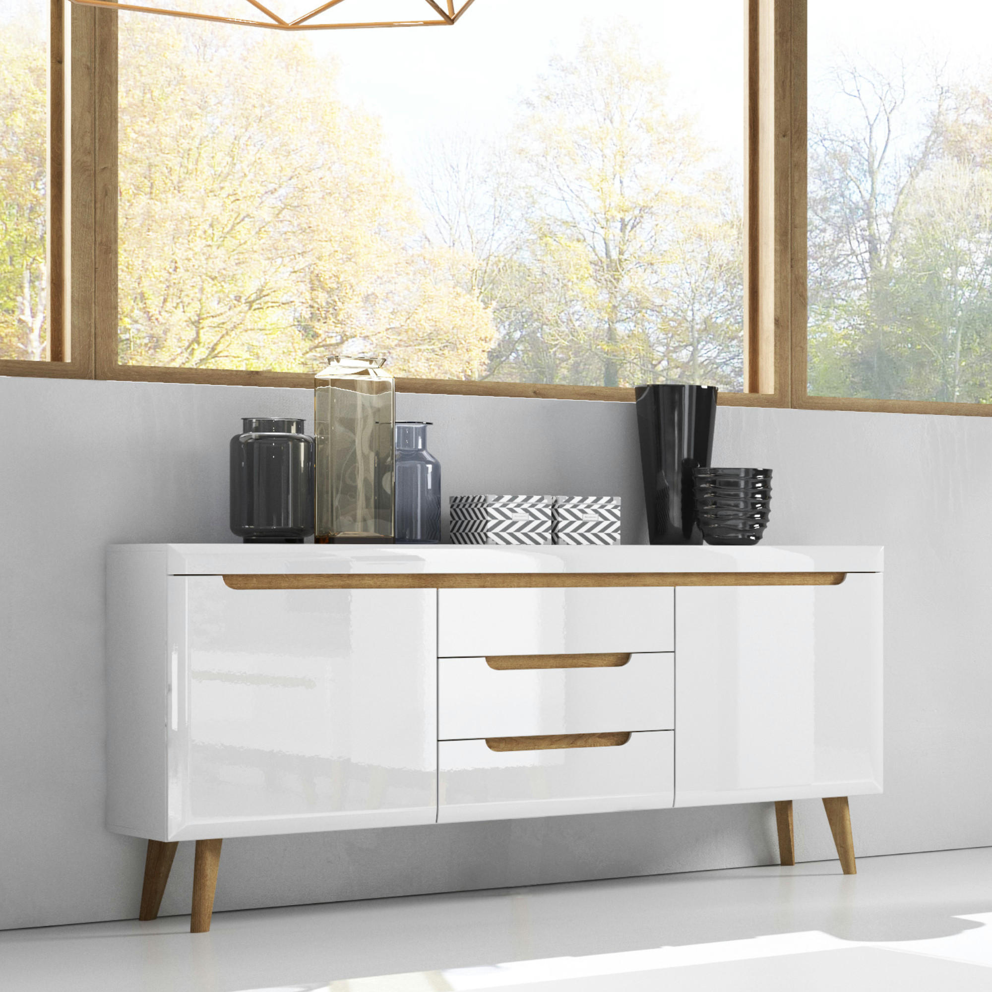 SIDEBOARD SUDBURRY KOM3-2D3S Fronten, in Hochglanz aus MDF-Platte, Weiß - Weiß, Holz/Holzwerkstoff (160/83/40cm) - Komodee