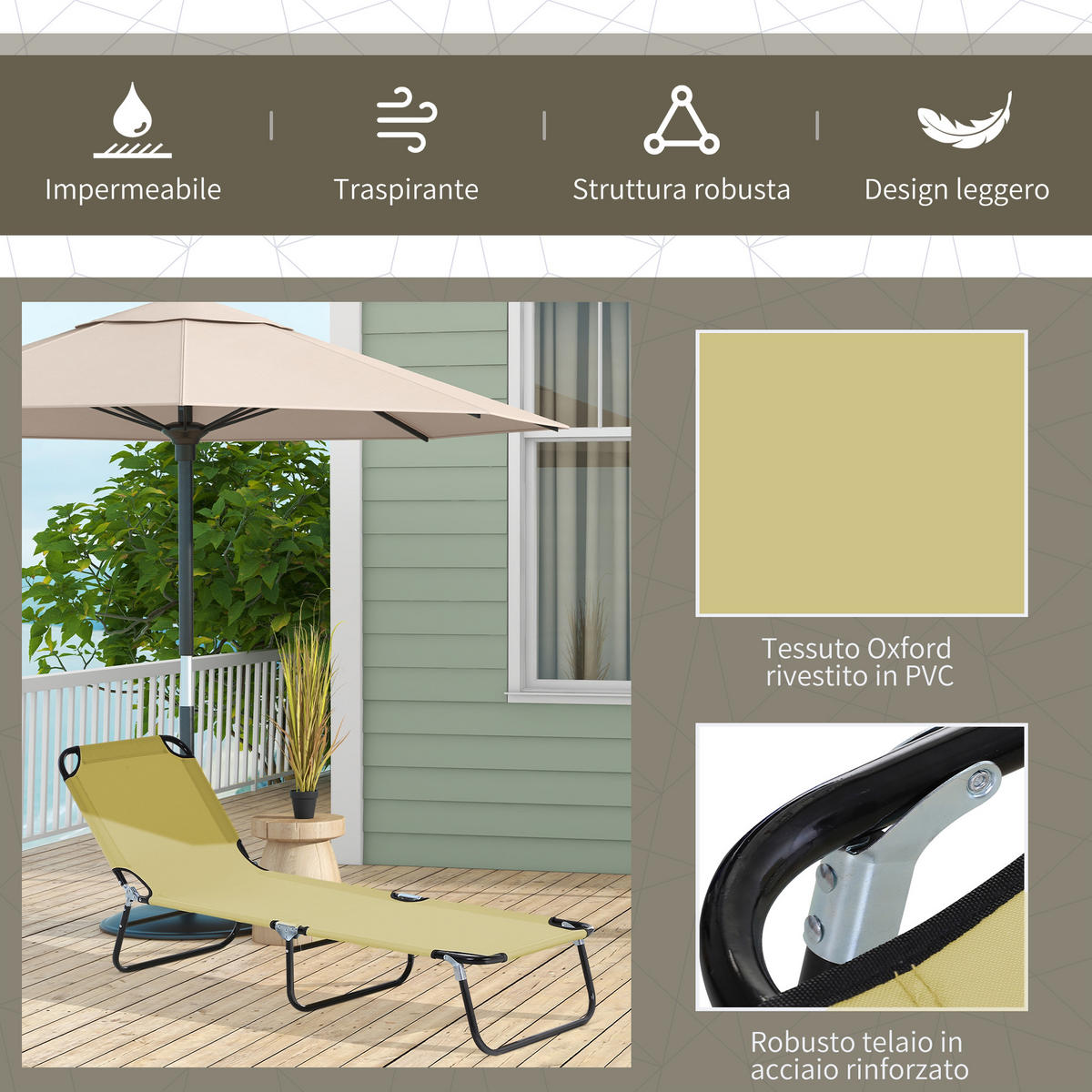 SONNENLIEGE Gartenliege mit 5-fach verstellbarer Rückenlehne Stahl und Oxford-Gewebe 188 x 56 x 28 cm ,Beige - Beige, Metall (56/28/188cm) - Vallsero