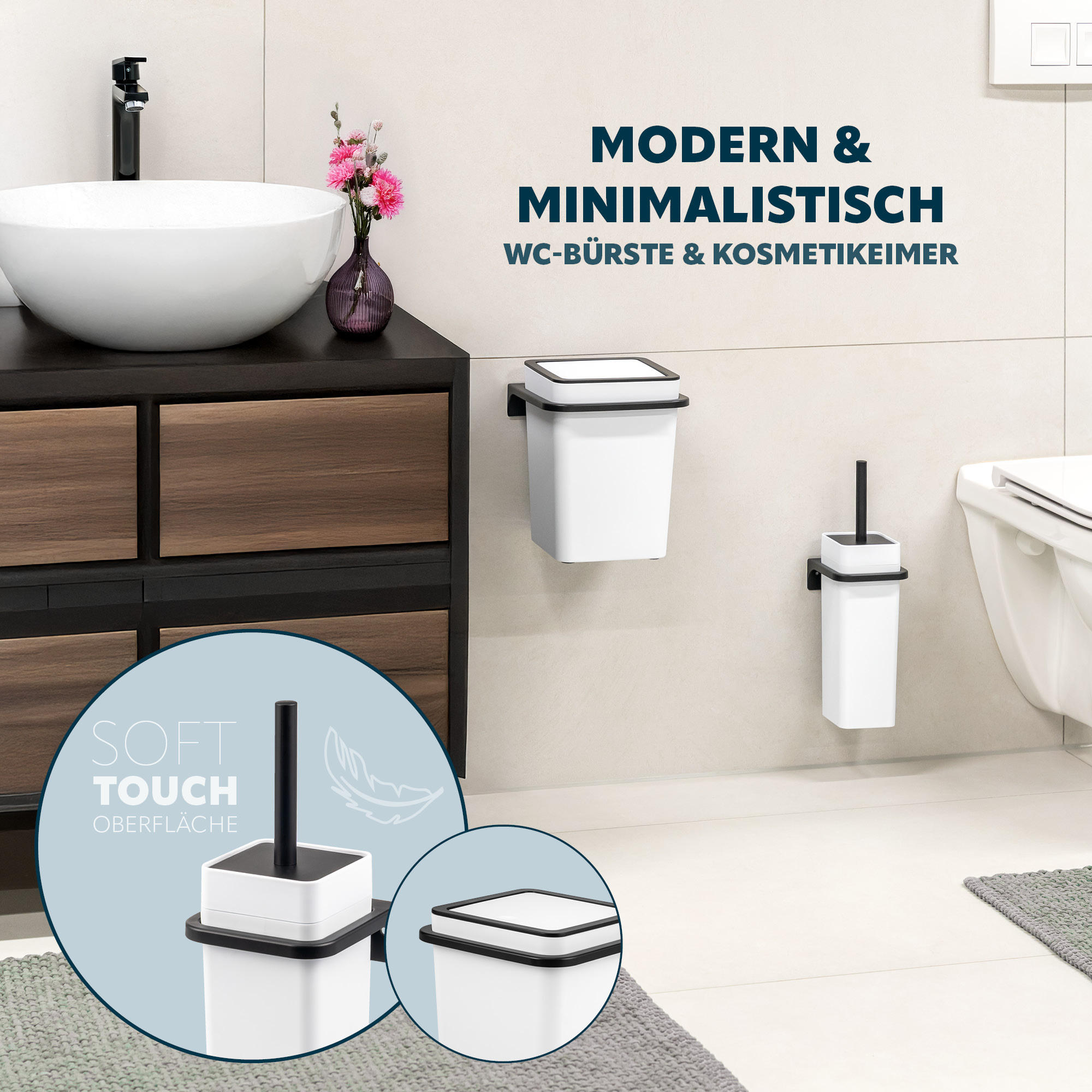 WC-GARNITUR 2-TLG. Bürste u. Eimer SAVONA Softtouch inkl. Wandhalterung, eckig - weiß - Weiß, Kunststoff (18/25/21cm) - bremermann