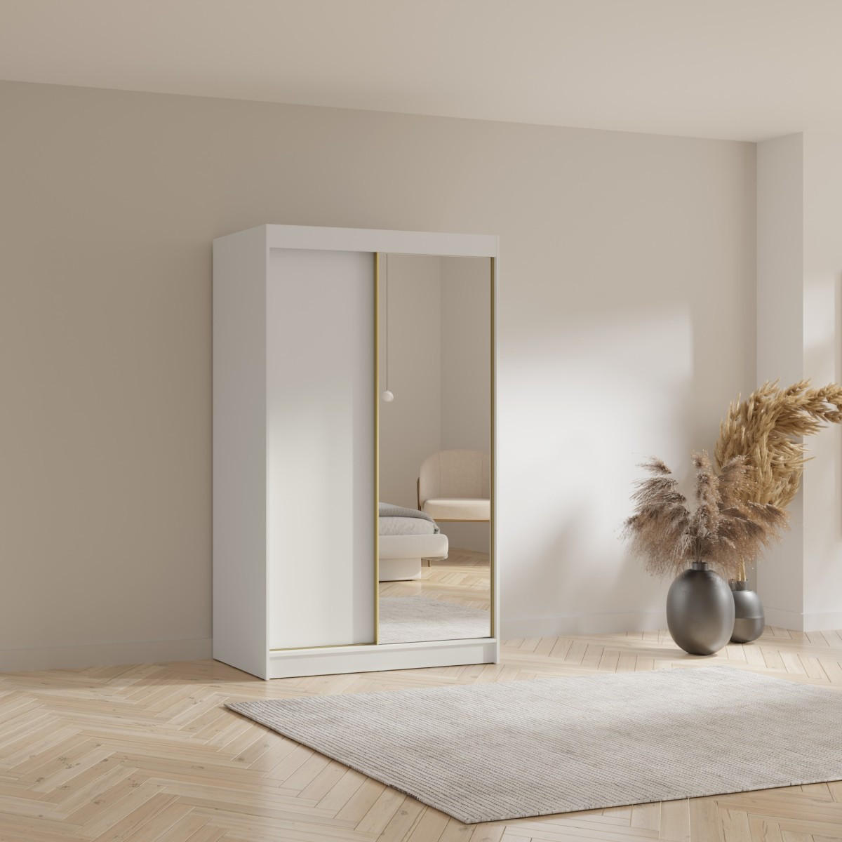SCHWEBETÜRENSCHRANK mit Spiegel Fiore 2D1L 120 Weiß/Gold - Goldfarben/Weiß, Holzwerkstoff/Metall (120/200/60cm) - mzm24