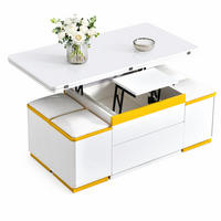 COUCHTISCH aus MDF und Spanplatte 100x50x43 cm Weiß/Gelb höhenverstellbar mit Klappfunktion und 4 Hockern - Weiß, Holzwerkstoff (100/50/43cm) - IVMEU