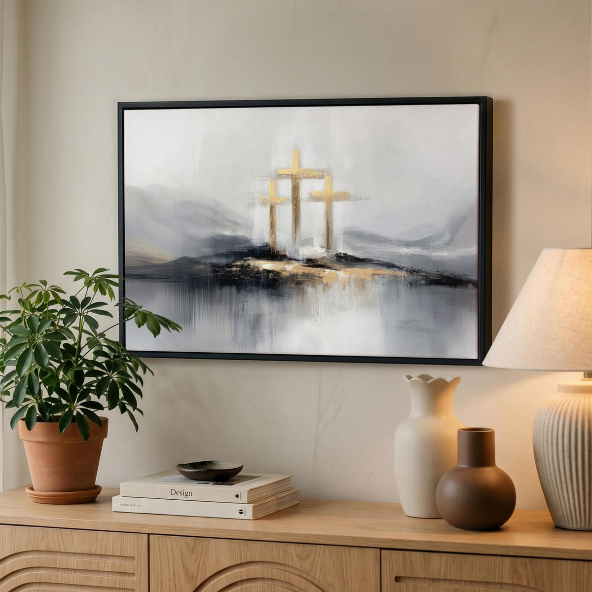 LEINWAND Bilder mit Rahmen - Abstrakt - Malerei - Christentum - Kreuz - 60x40 - Weiß, Textil (60/40cm) - MuchoWow