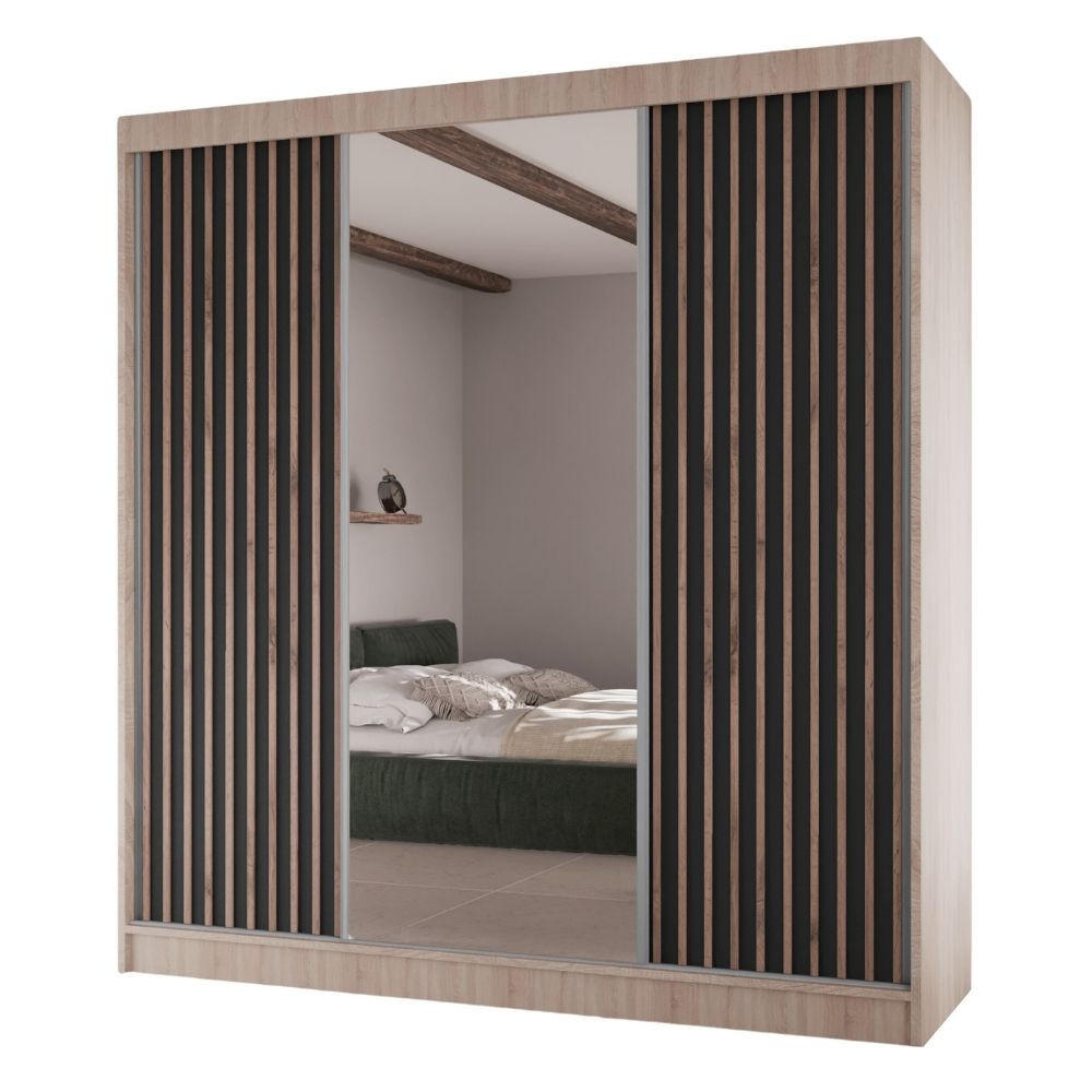 SCHWEBETÜRENSCHRANK Lami mit Spiegel und Lamellen, 215x200x61cm, eiche Sonoma+Schwarz - Schwarz/Sonoma Eiche, Holzwerkstoff (200/215/61cm) - AN-Moebel 4u