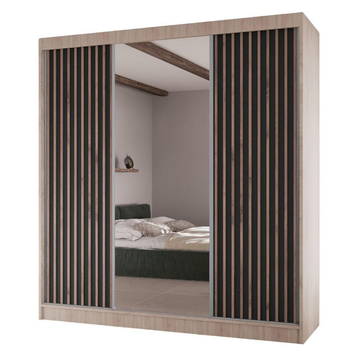 SCHWEBETÜRENSCHRANK Lami mit Spiegel und Lamellen, 215x200x61cm, eiche Sonoma+Schwarz - Schwarz/Sonoma Eiche, Holzwerkstoff (200/215/61cm) - AN-Moebel 4u