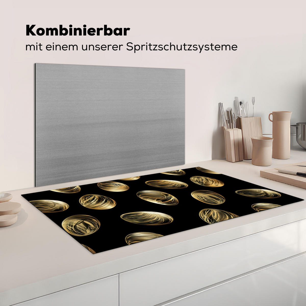 HERDABDECKPLATTE Eier - Gold - Muster Induktionsschutz 91.2x52 cm - Schwarz, Kunststoff (91.2/52/0.2cm) - MuchoWow