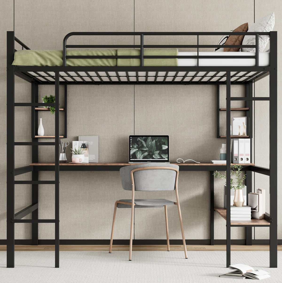 HOCHBETT 140/200 cm aus Metall mit Schreibtisch, 4 Regalen und Bücherregal, Schwarz - Schwarz, Metall (140/200cm) - Redom