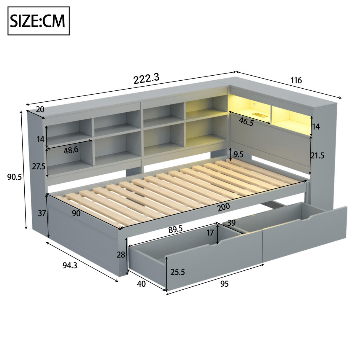 DRVENI krevet od borovine 90x200 cm sivi s USB priključkom, LED rasvjetom i spremištem - siva, drvni materijal (90/200cm) - Modfu