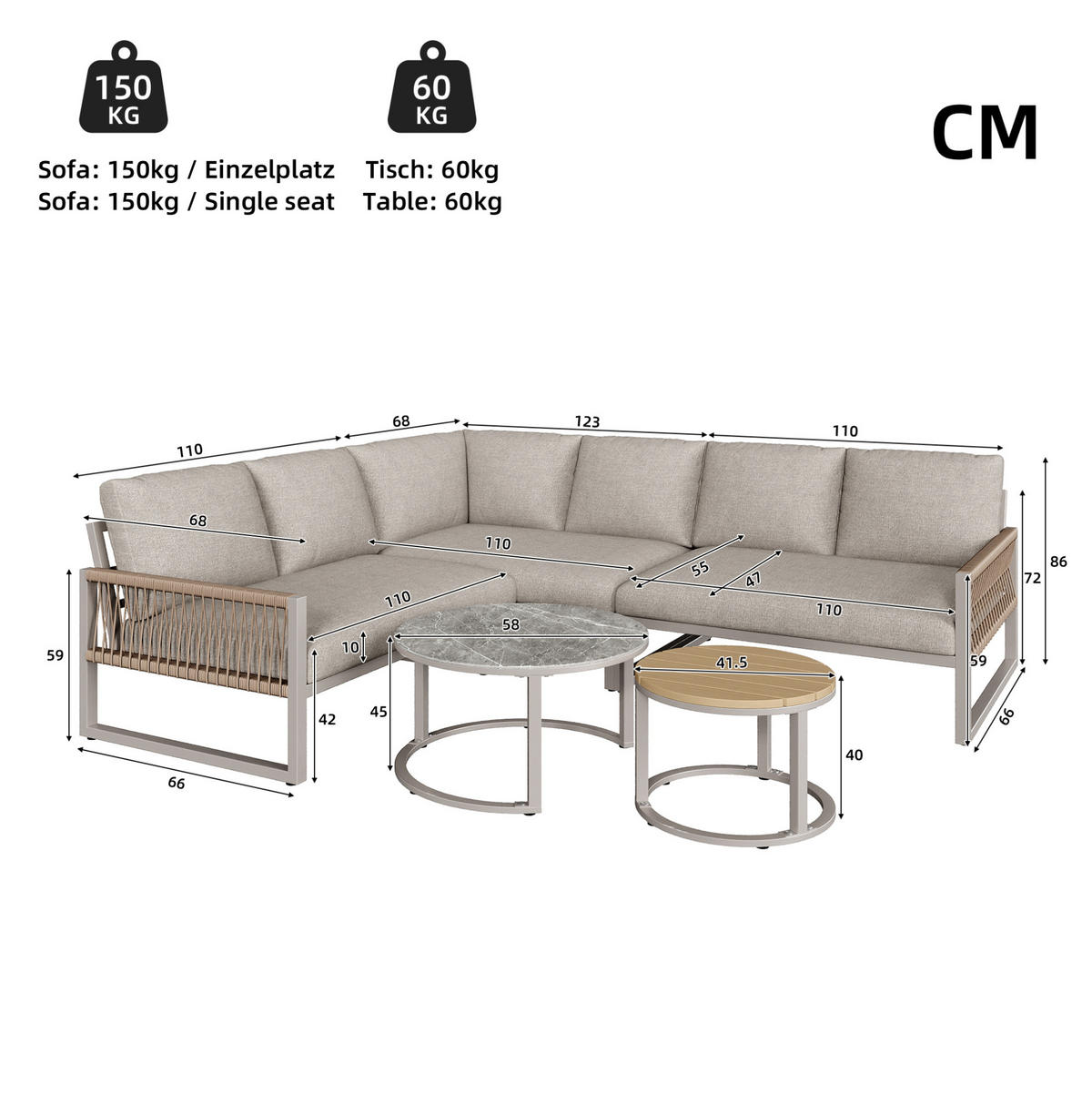 GARTENMÖBEL 123x68cm beige aus Metall und Polyester - Beige, Metall - Modfu