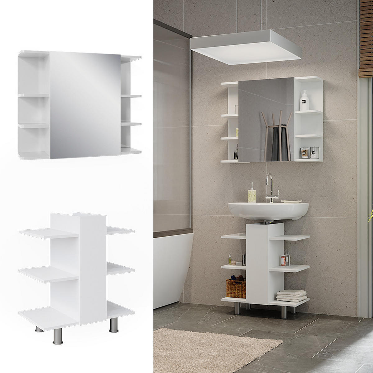 BADMÖBEL-SET Fynn Weiß 2 Teile Waschbeckenunterschrank und Bad Spiegelschrank - Weiß, Holzwerkstoff (79.6/64/36.6cm) - Vicco